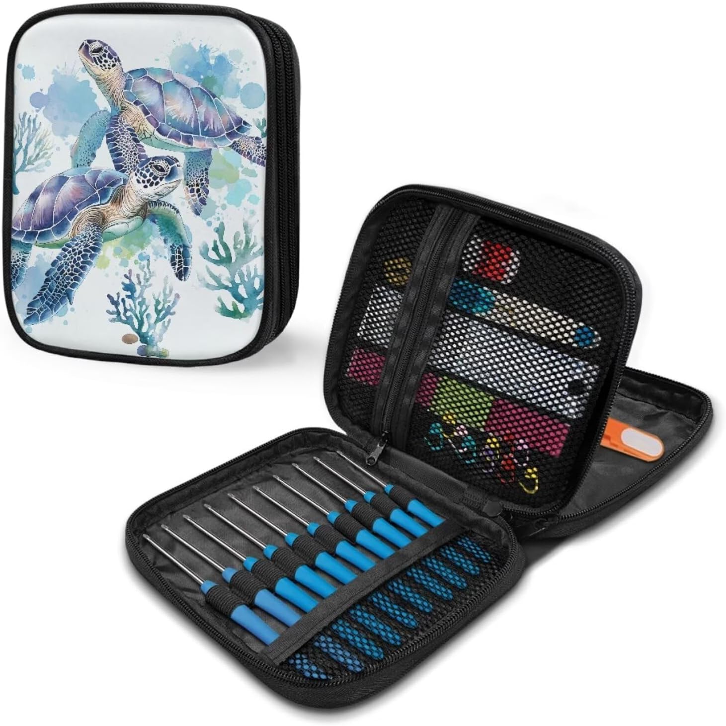 Noprintge Crochet Hook Organizer, Travel Knitting Needles Storage Bag Holder Case Without Hooks and Accessories, Lightweight, Easy to Hold, Sea Turtle and Coral Print image 5