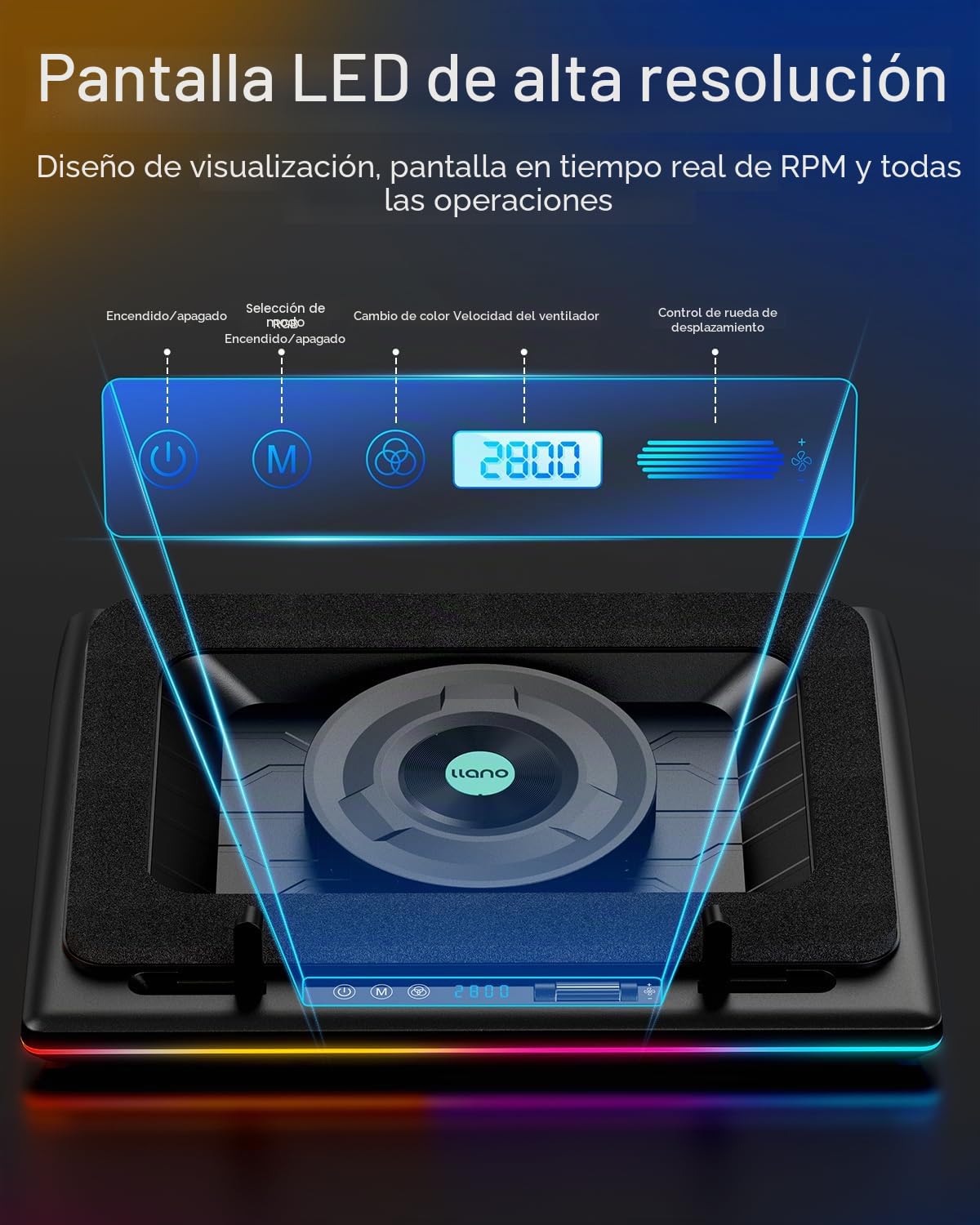 llano Base refrigeradora portatil Gaming RGB con Velocidad Ajustable Ventilador Turbo de 14 cm Extra concentrador USB de 3 Puertos y Filtro de Polvo para portátiles de 38 a 48 cm