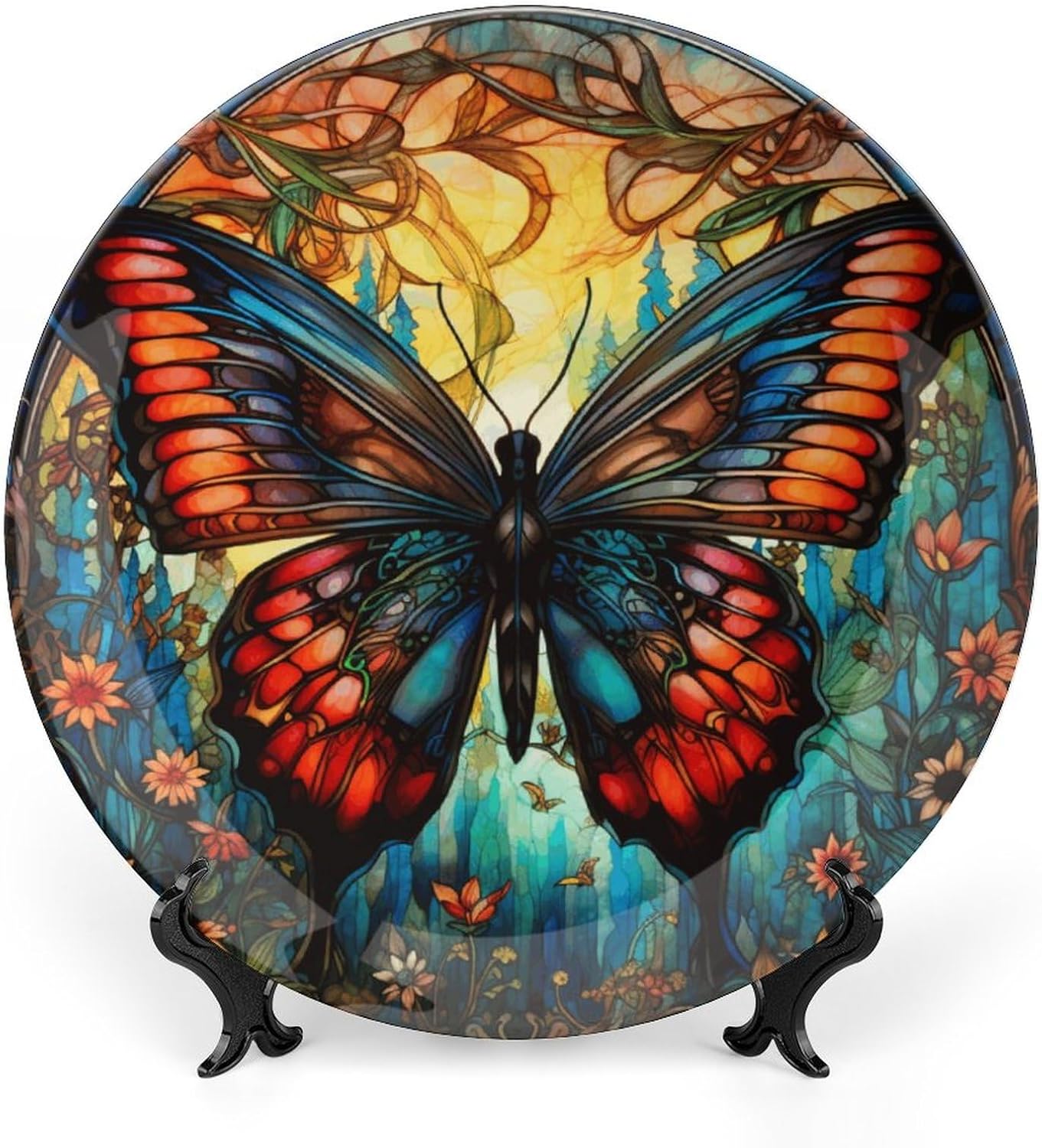 Decorative Plates, Mandala Butterfly Stained Glass Design Display Plate for Home Office Kitchen Table Decor Porcelain Plates 8 Inch, Gifts for Butterfly Lover