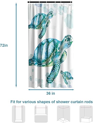 Vista 111 de Cortina de ducha de tortugas marinas, temática náutica de playa, verde y verde azulado, sin ganchos, punto gofre y forro desmontable, decoración