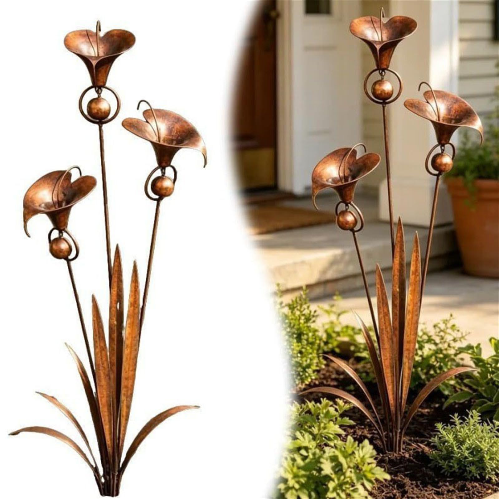 ZcxTry Triple-Bluebells Garden Stake, Handmade Metal Flower Garden Stakes with Hanging Bells Accents Gardens Decor for outside Rustic Floral Sculpture for Walkways Patios & Lawn Yard Decorative
