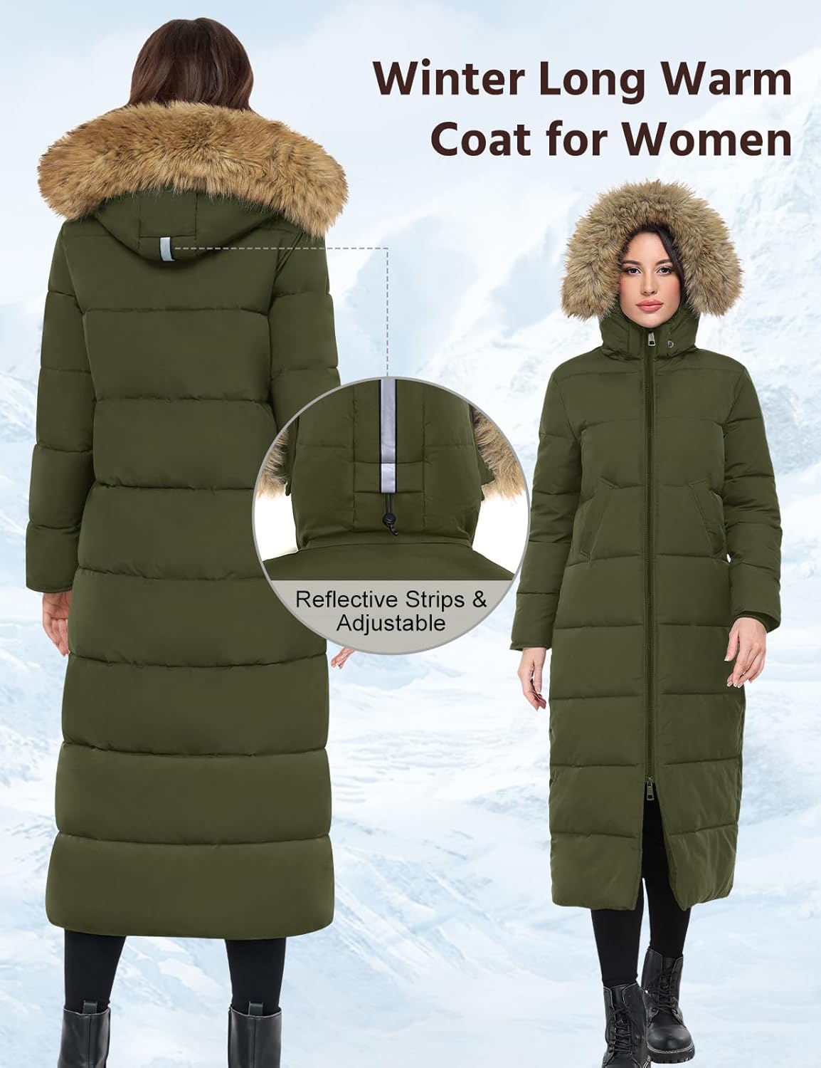 Long Winter Puffer Coat for Women Winter Faux Fur Quilted Jackets with Detachable Hood Maxi Length Zip Outerwear - Image 4