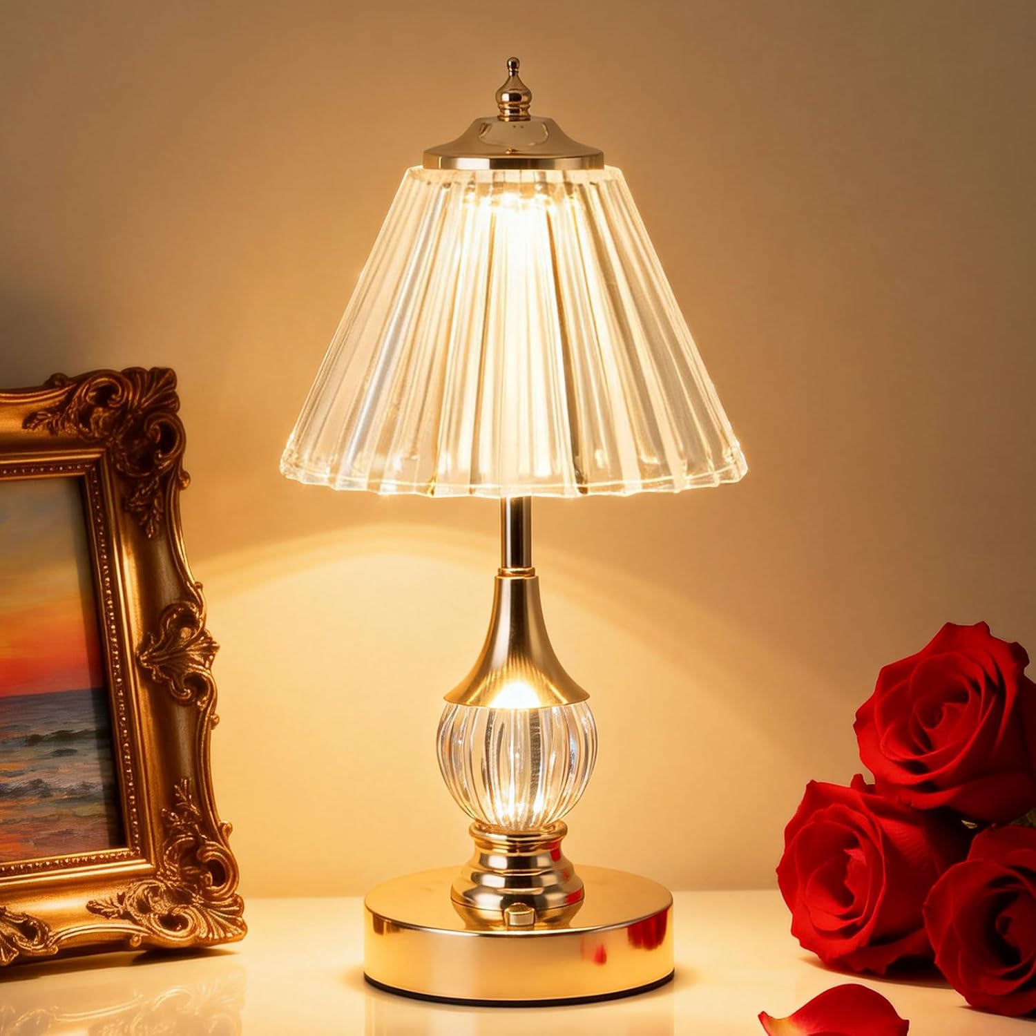 Vintage Gold Crystal Rechargeable Lamp Cordless, LED Touch Battery Operated Table Lamp, 3 Colors Dimmable Portable, Modern Home Decor, Bedroom, Bedside, Living Room, Kitchen, Pleated