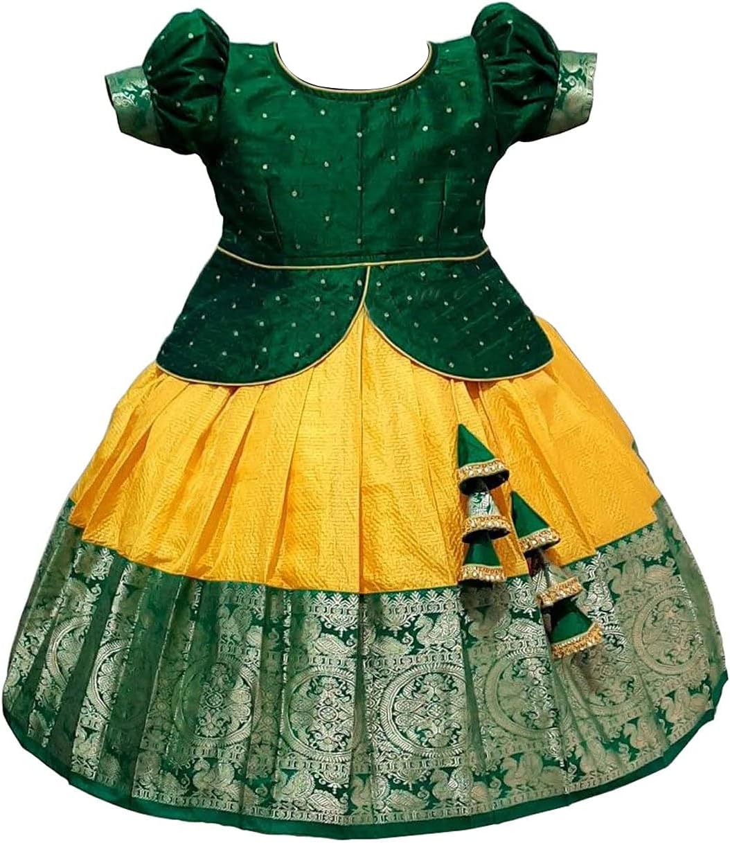 Wommaniya Impex Girl's Pattu Pavadai Readymade Jacquard Lehenga Choli, Green, Yellow
