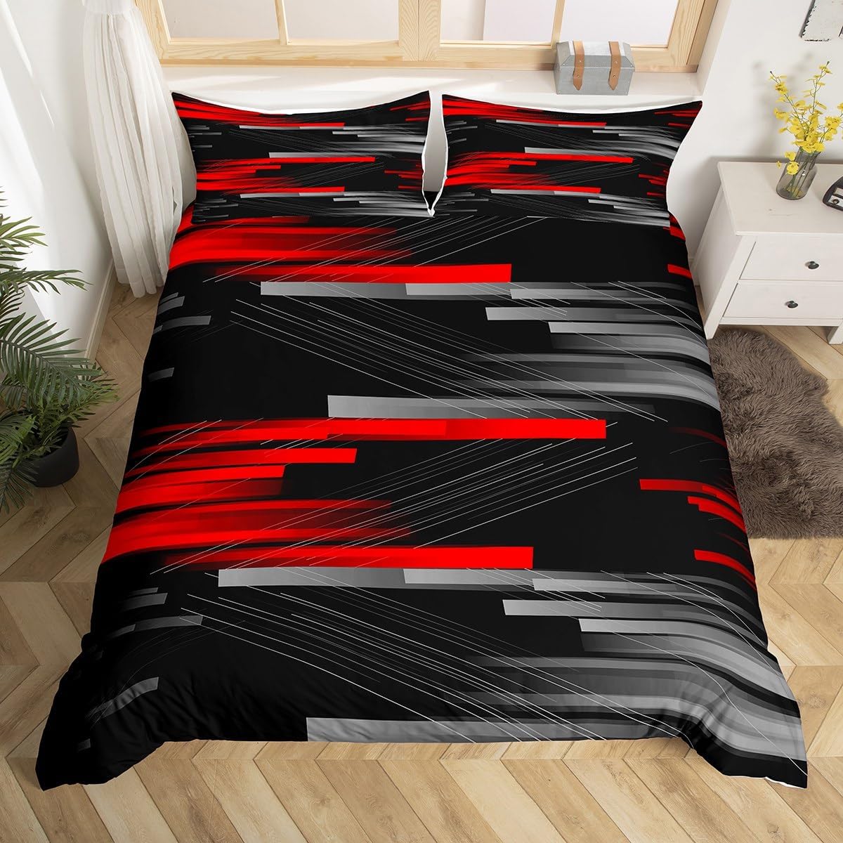 Feelyou Kids Geometric Abstract Striped Bedding Set Queen Size Gray Red Black Ombre Duvet Cover for Boys Girls Teens Modern Stripes Line Decor Comforter Cover Set Women Men Bedspread Cover