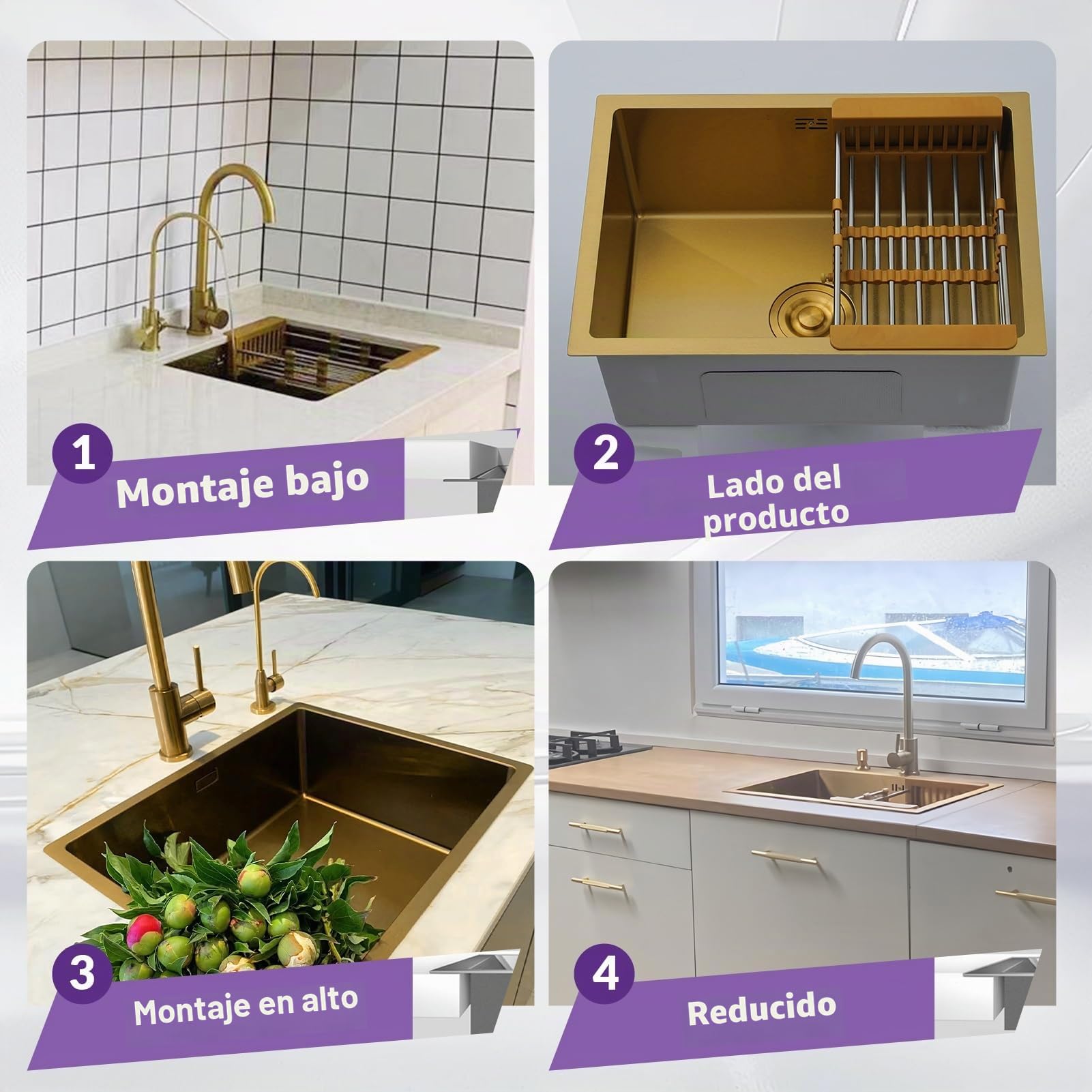 60x40cm Fregadero De Cocina De Acero Inoxidable oro, Un Seno Con Grifo, Fregadero Bajo Encimera o Sobre Encimera, Con Sifón Y Filtro De Drenaje, con Sifón, Dispensador de Jabón y Juego de Desagüe