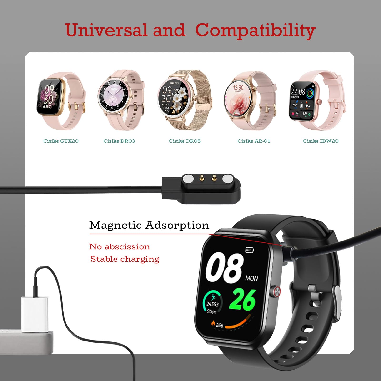 Confezione da 2 cavi di ricarica magnetici per smartwatch IDW28, IDW25, IDW19, TGW01, GTX20, DR03, DR06, DR05 e altri smartwatch, ricarica rapida, alta compatibilità