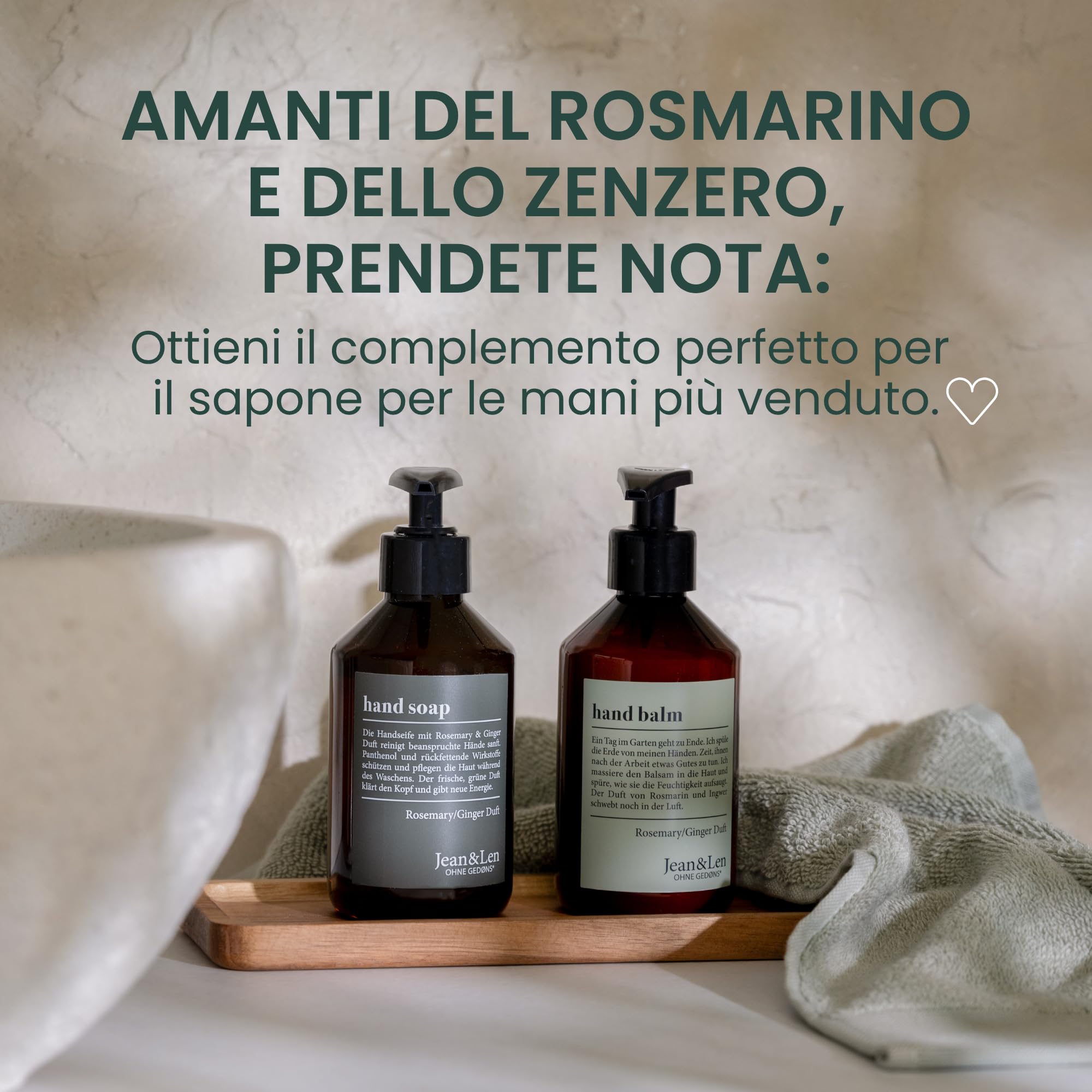 Jean & Len Balsamo Mani Rosmarino & Zenzero, con olio di argan bio, burro di karité e vitamina E per mani morbide, crema idratante per pelle secca, profumo fresco e aromatico, 250 ml