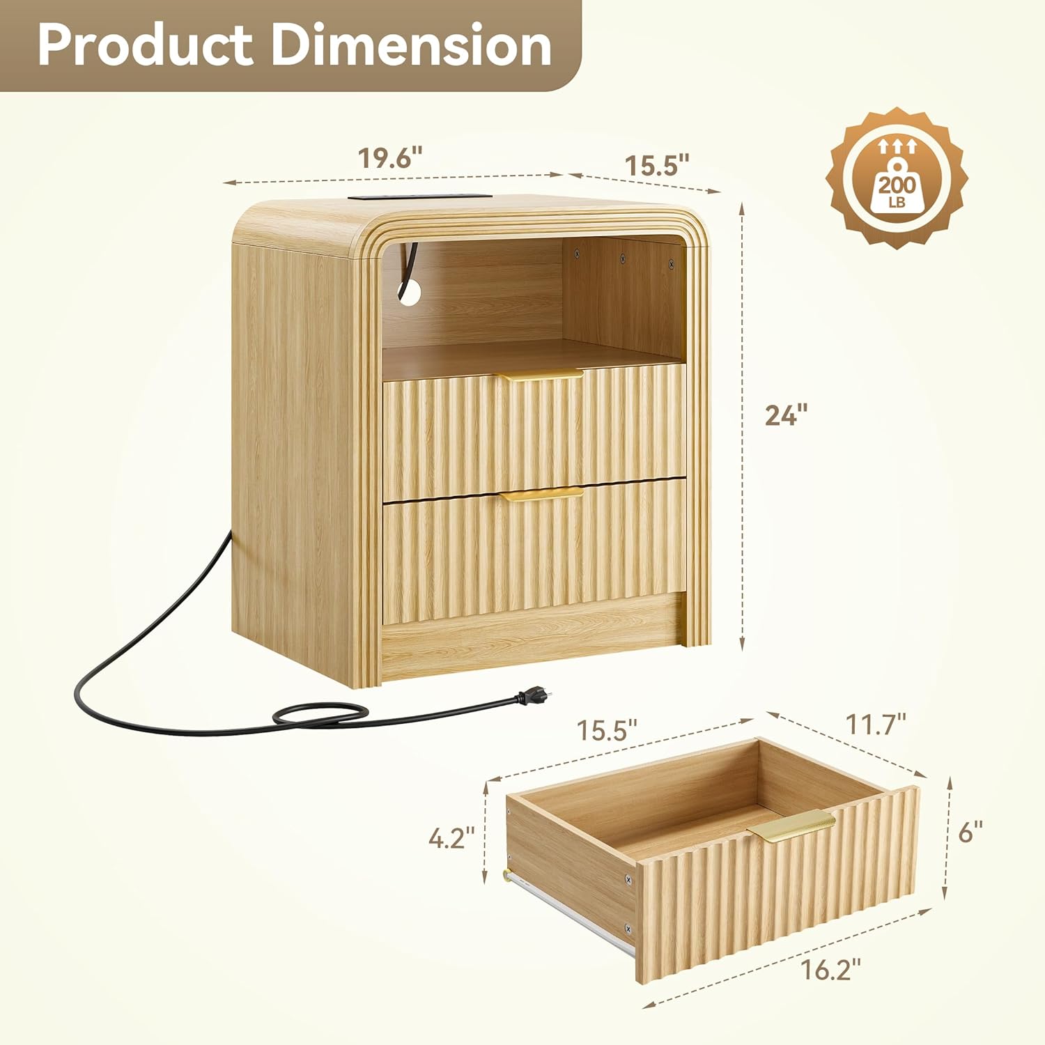 Size 19.7 Color brown Fluted Nightstand with Charging Station, 19.7'' Wide Morden End Table with USB/Type-C Ports, 2 Drawers & Open Shelf, Curved Profile Design, Wood Bedside Table for Bedroom (Natural Oak)
