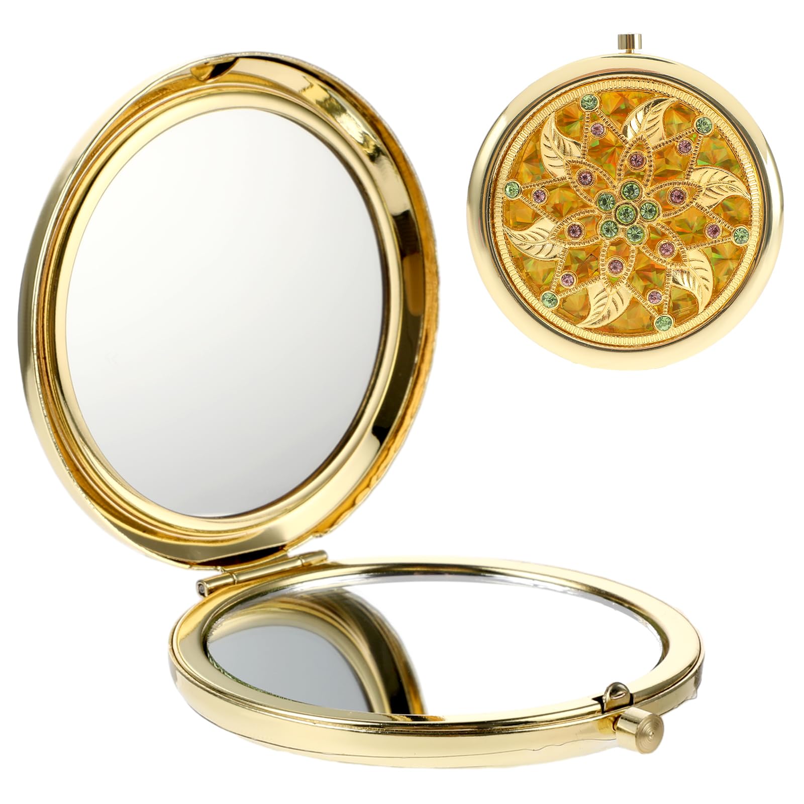 Sibba Espejo Cosmético Compacto Plegable de Mano 1X/2X con Aumento Redondo Mini Espejo de Bolsillo Estilo Palacio Espejo de Aspecto de Diamante Pequeño Reflector Portátil para Embellecer