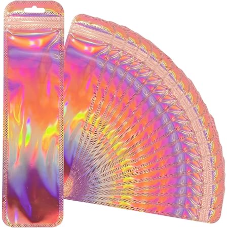 100 PCS Holographic Mylar Bags, Smell Proof Resealable Foil Pouches For Small Business, Food Storage, Jewelry, Candy & Sample Packaging (3.1"x5.5", Red Yellow
