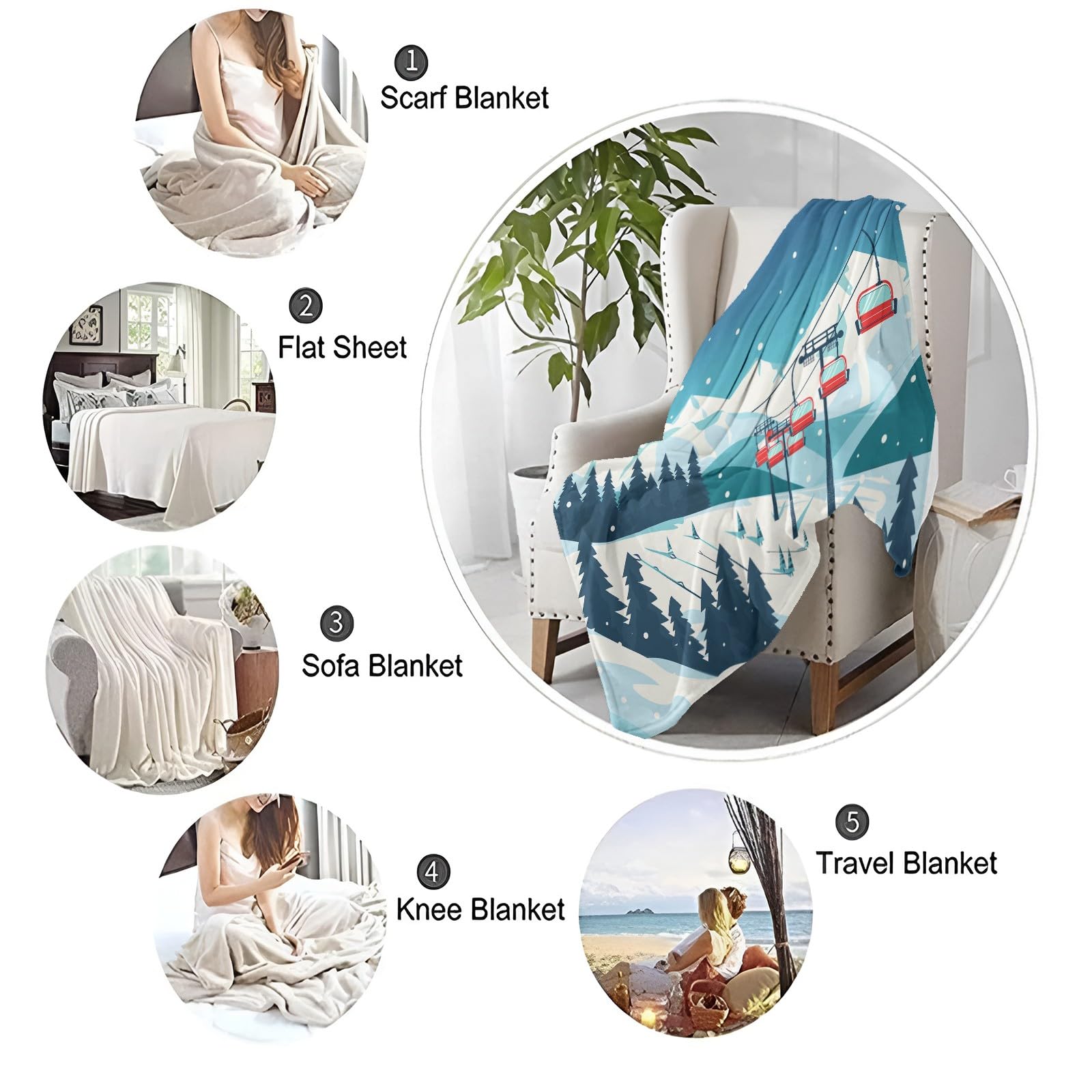 Couverture Polaire 150x200 cm Montagnes Enneigées Pins Téléphérique Moelleuse Couverture Polaire Flanelle, Jeté de Canapé Couverture Chaude et Douce en Peluche Plaid Polaire