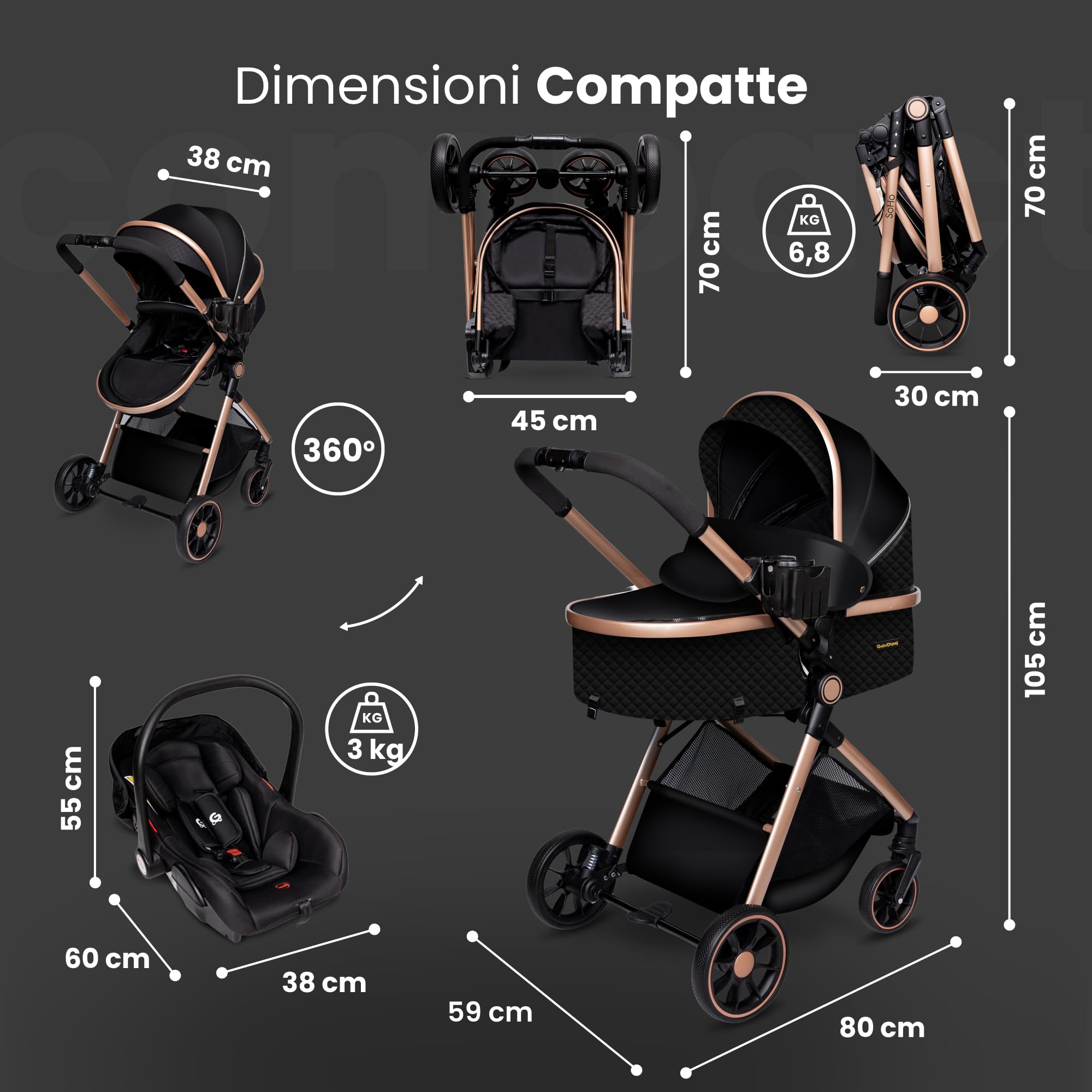 GaGaDumi SoHo Passeggino 3 in 1 – Certificato TÜV, Seggiolino Auto i-Size, Ultraleggero (6,8 kg), con Parapioggia, Zanzariera, Borsa Fasciatoio, Cestino, Portabibite – Perfetto per Città e Campagna