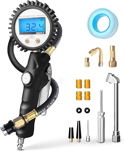 Inflador de neumáticos mejorado 2023 con manómetro de presión, manómetro digital de rotación de 360 y portabrocas de aire de flujo cerrado, manguera