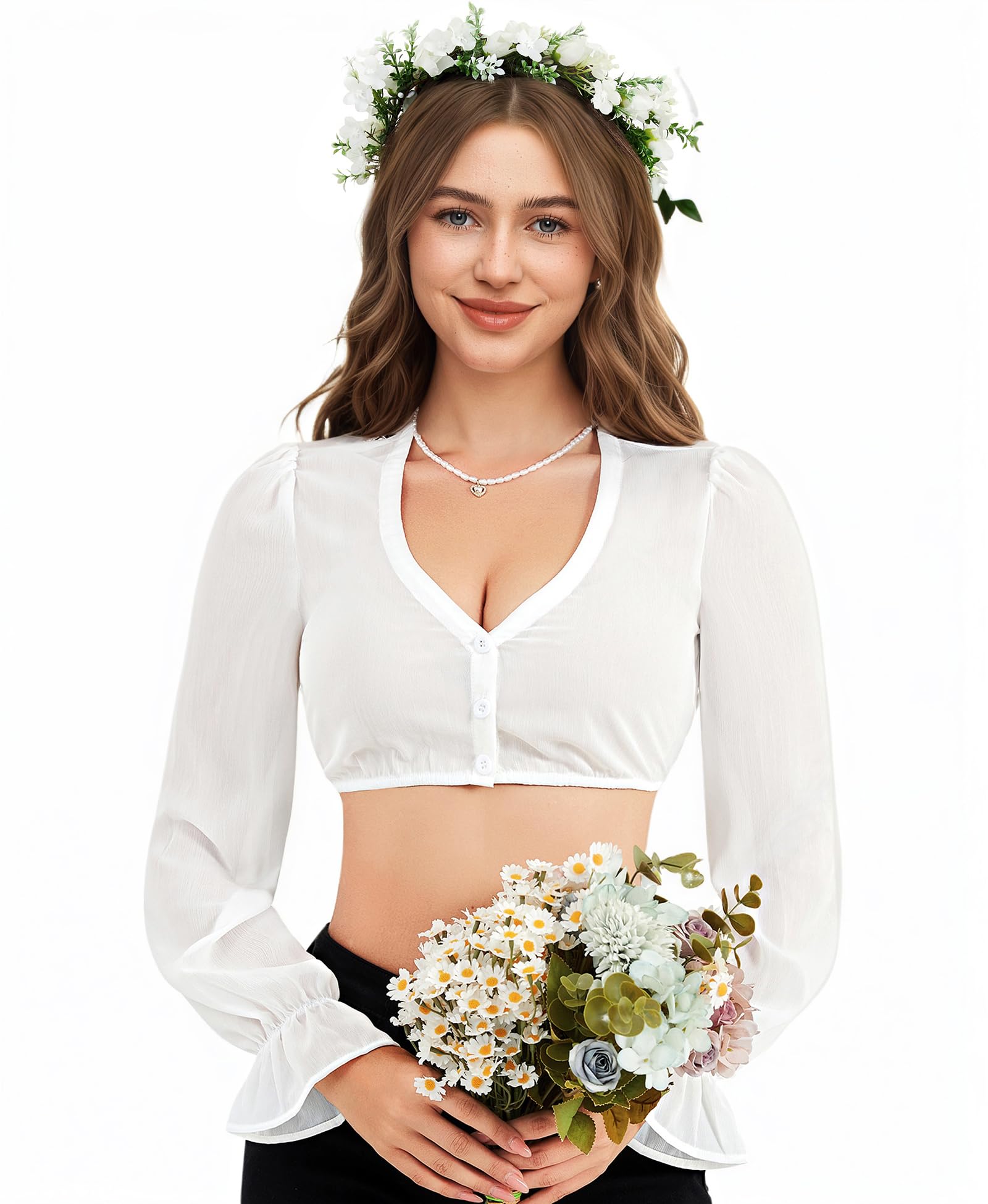 DIRNDLSTERN Bluse Damen Weiß - Dirndlbluse Langarm V-Ausschnitt Oktoberfest Bluse