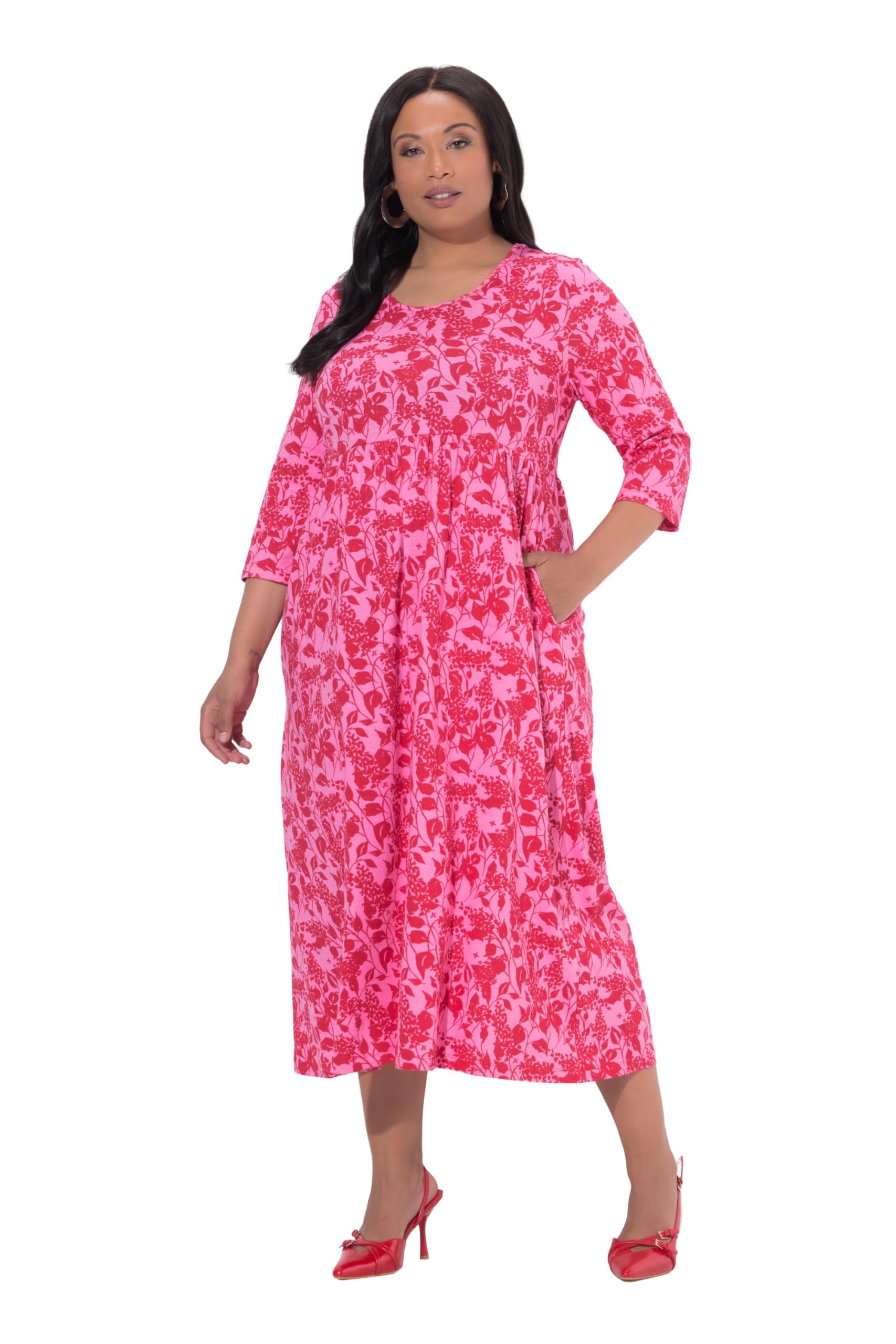 Ulla Popken Damen große Größen Übergrößen Plus Size Maxikleid, Blüten, A-Linie, Rundhals, 3/4-Arm, Taschen 847055