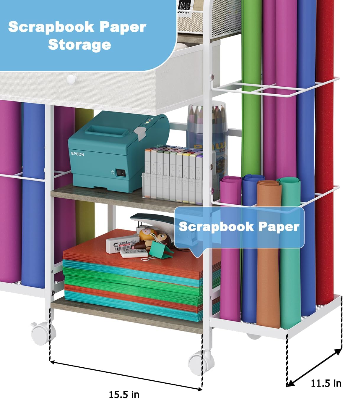 Rsaayekkt Wrapping Paper Storage Cart with Wheels, Rolling Gift Wrap Station with Fabric Drawer and Ribbon Holder, Metal Rolling Craft Cart, Craft Organizers and Storage Christmas