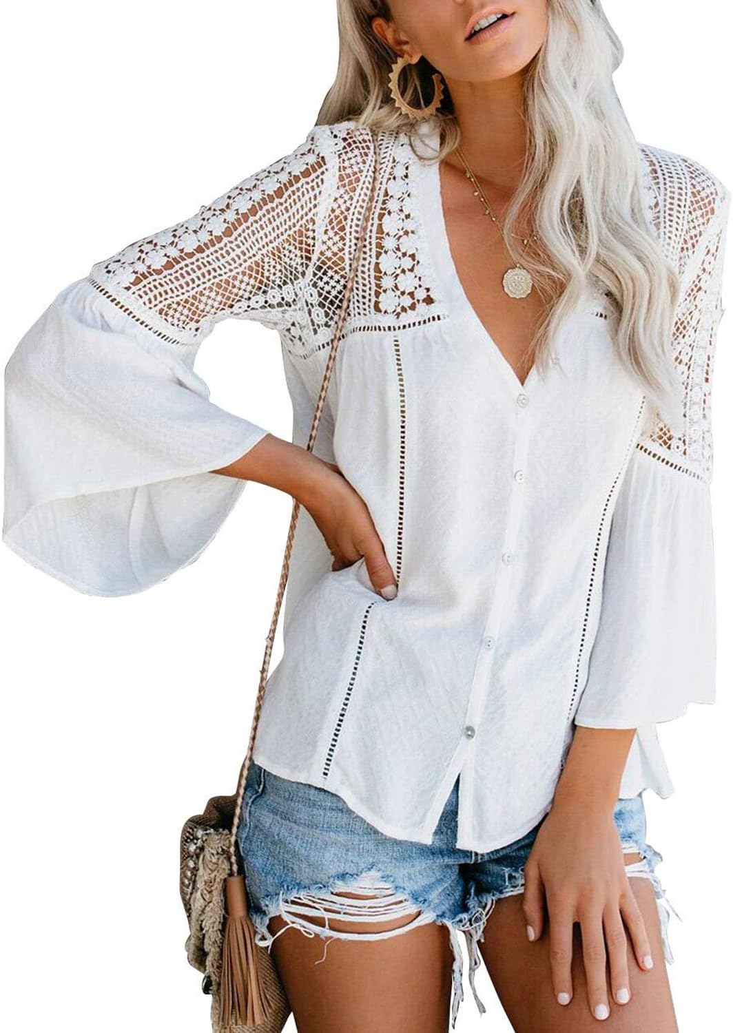CanikatWomen's V Neck Lace Crochet Flowy Bell Sleeve Button Down Casual T Shirts Blouses Tops