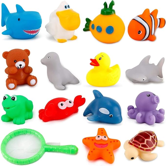 15 PCS Ocean Animals Rubber Bath Toy Water Squirters with Floating Bathtub Squeeze