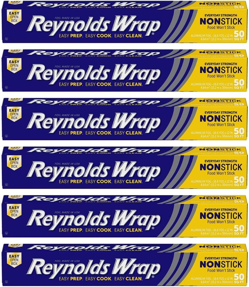 Reynolds Wrap Non-Stick Aluminum Foil, 50 Sq Ft Rolls, Pack of 6 - Easy Prep, Cook & Clean