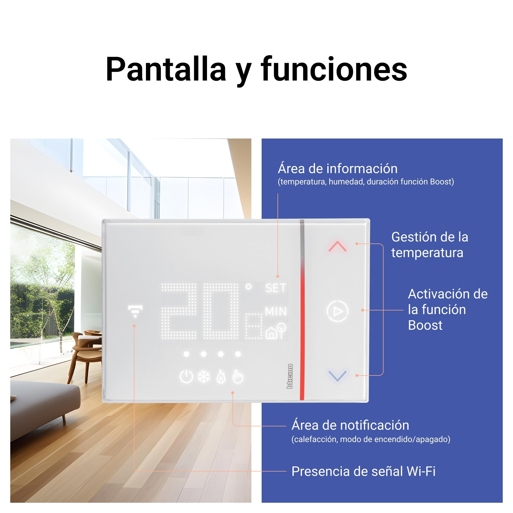 BTICINO Smarther with Netatmo, Termostato Conectado, WiFi, Control con la App Home + Control, Compatible con Alexa, Google Assistant & Apple HomeKit, Instalación en Superficie, Blanco (XW8002WE)