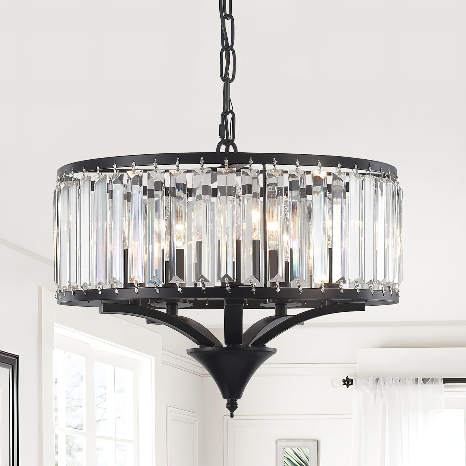 modern farmhouse crystal chandeliers for dining room, 5-light black antique pendant chandelier, contemporary hanging light fixture for living room bedroom foyer kitchen island entryway