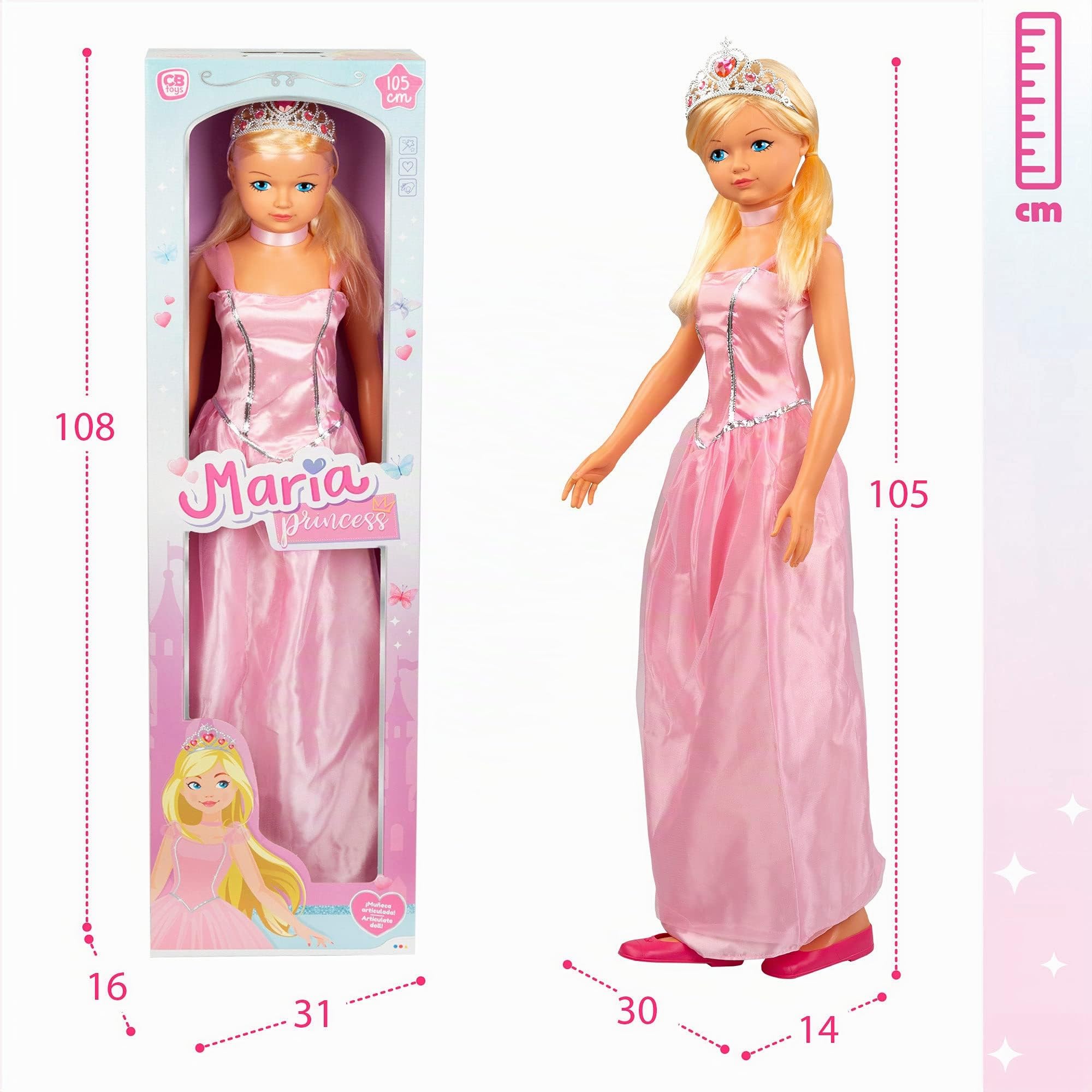 ColorBaby 43993 - Große Puppe, Prinzessin, Spielzeug für Jungen und Mädchen, 3 Jahre, zum Frisieren, beweglich, Schuhe, Krone, Prinzessin Maria, Höhe 105 cm