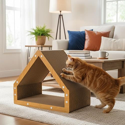 Skylos Cat Scratcher & House, Vertical & Horizontal Multi-Mode Scratching Board for Cats, Corrugated Paper, Furniture Protection, 50.5x30.5x42.5cm - Brown-P1
