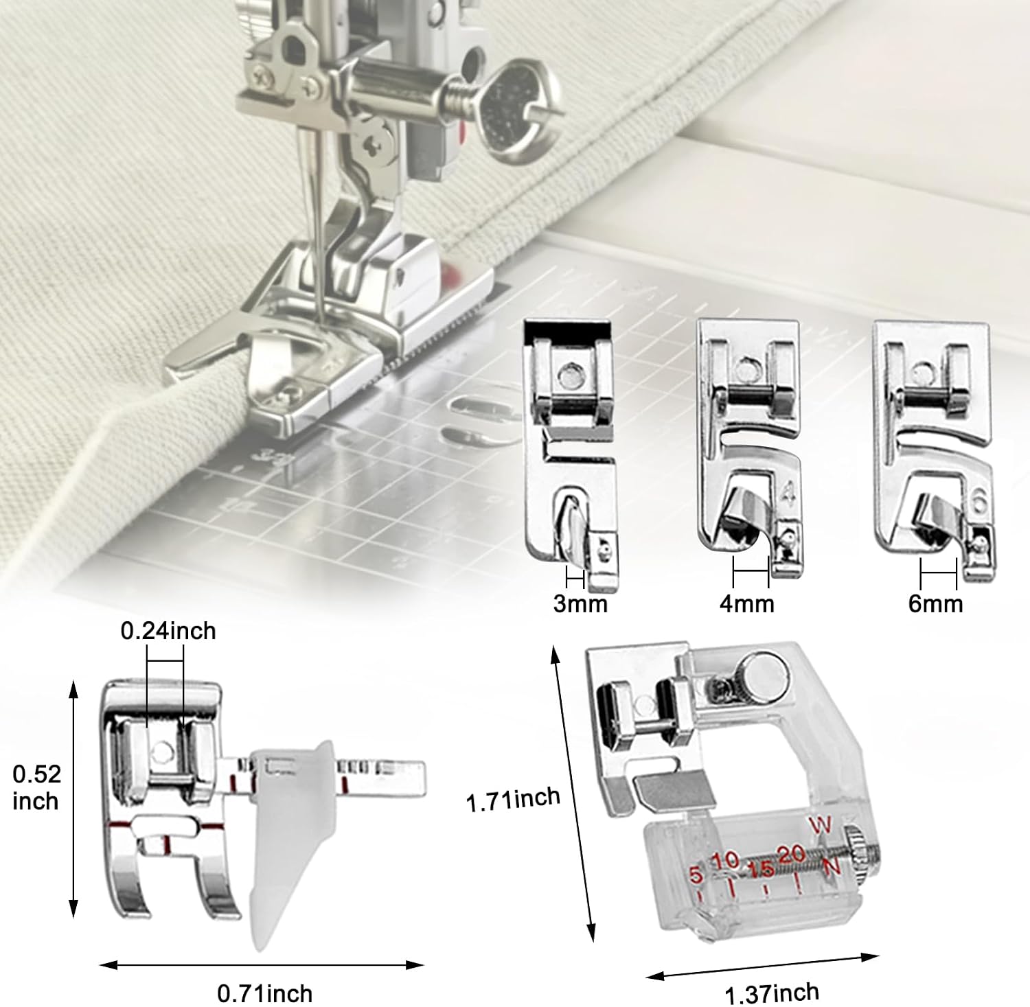 12Pcs Rolled Hem Presser Feet Set, 7Pcs Wide Rolled Hem + 3Pcs Narrow Hemmer Foot with Adjustable Guide & Bias Binder Foot, for Low Shank Singer, Brother, Janome Sewing Machines