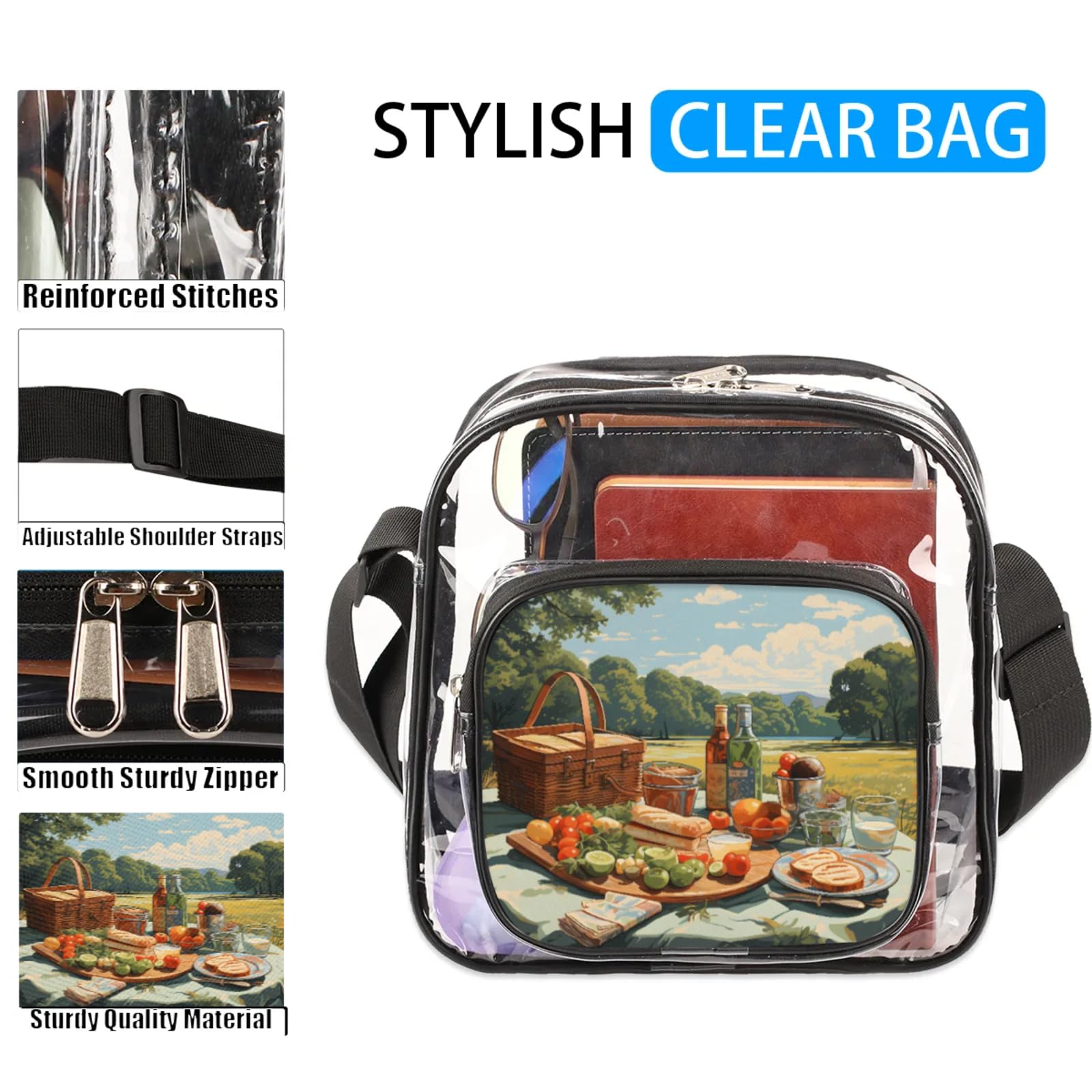 GzLeyigou Clear Crossbody Bag Stadium Approved Picnic Transparent Bag for Festivals, Sports Events, Concerts,Beach Bag for Women Men Clear Purse with Front Pocket Messenger Bag with Adjustable Strap