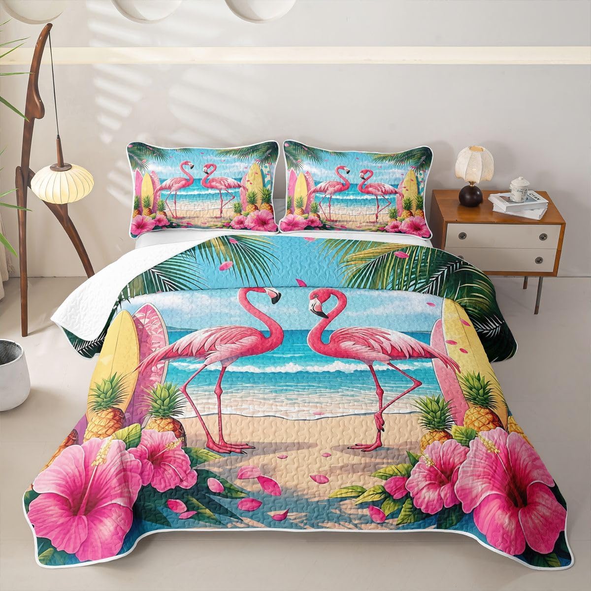 Castle Fairy Hawaiian Flamingo Quilt Bedding Set,Tropical Hibiscus Pineapple Beach Queen Size,Surfboard Coastal Quilt Sets for Boys Girls,Pink Blue 3Pcs with 2 Pillow Shams