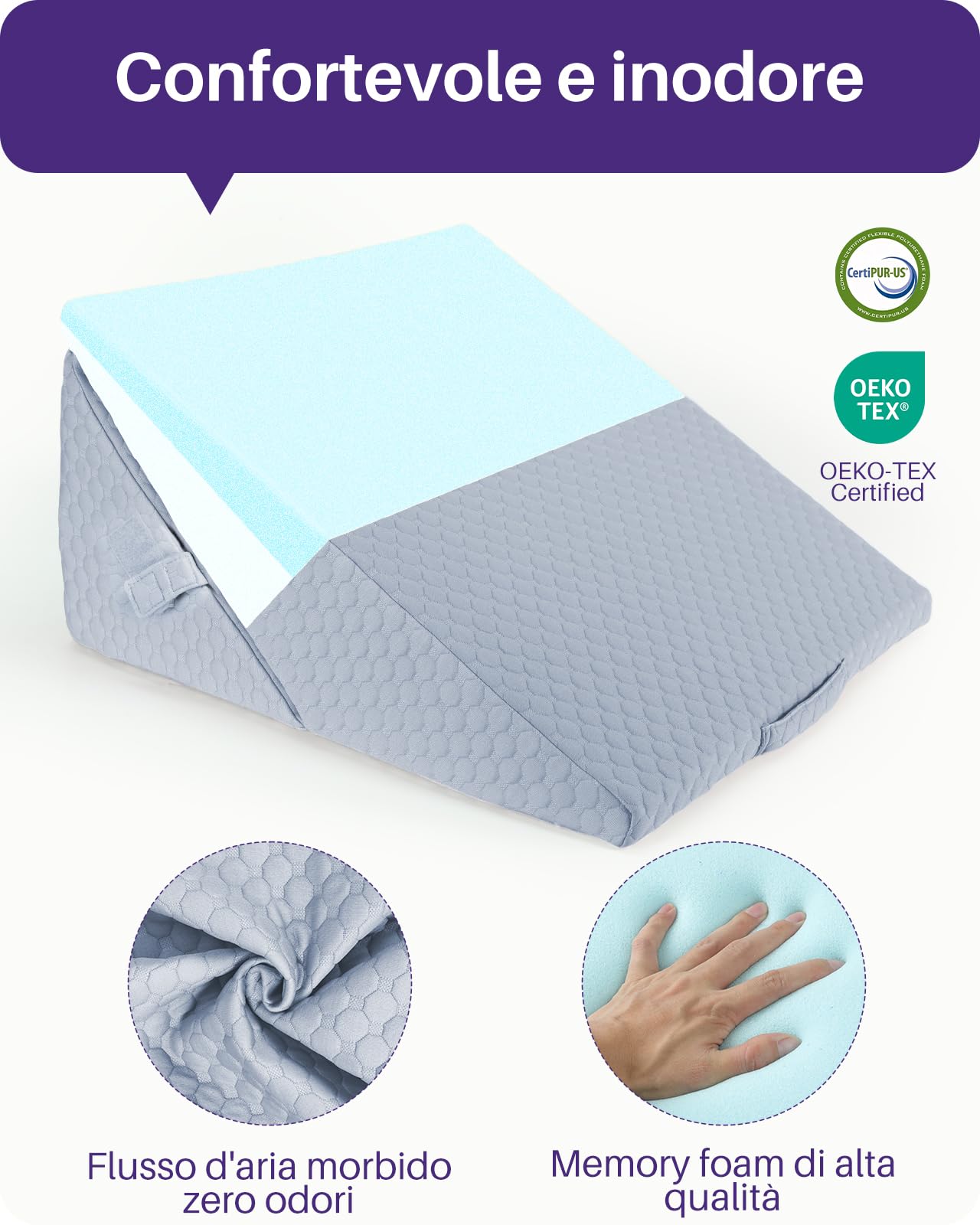 Kekoy Cuscino Antireflusso Adulti Regolabile: Aiuta Contro Apnea Notturna, Reflusso Acido, Mal di Schiena, Russamento | Cuscino a Cuneo Memory Foam, Fodera Lavabile, Maniglia - Grigio, 23 e 31 cm