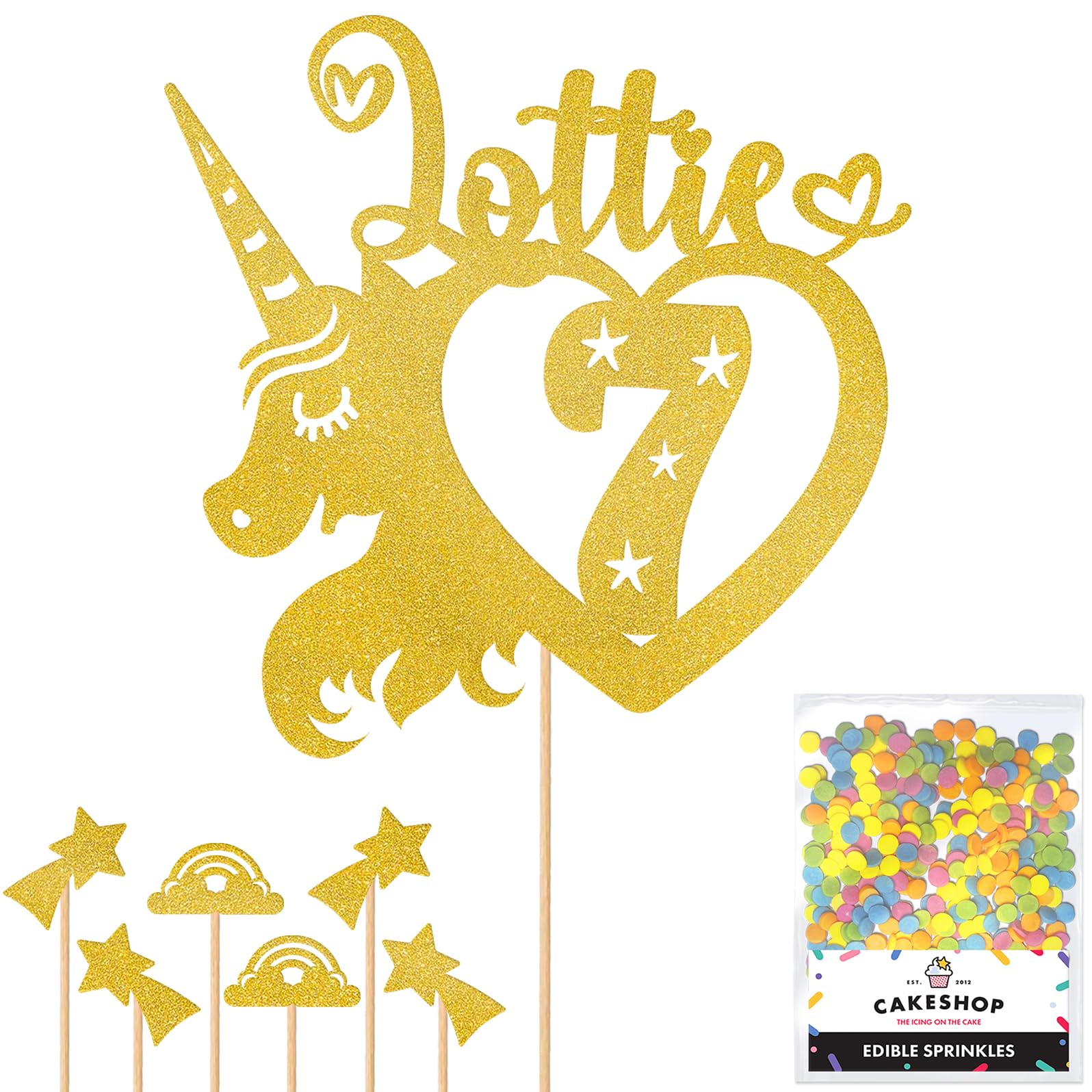 Personalised Unicorn Heart Glitter Cake Topper- Gold Any Custom Age & Name Glitter Cake Decoration and Sprinkles - Happy Birthday Decorations - Personalised Toppers for Cakes by Cakeshop — image 1