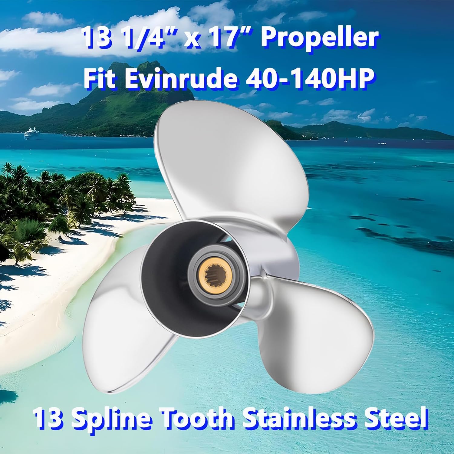 13 1/4x17 Stainless Steel Outboard Boat Propeller for BRP Johnson Evinrude 40-140HP 13 Spline Tooth，763951，Compatible with Evinrude 50 60 65 70 75 85 88 90 100 110 112 115 120 125 130 135HP, RH
