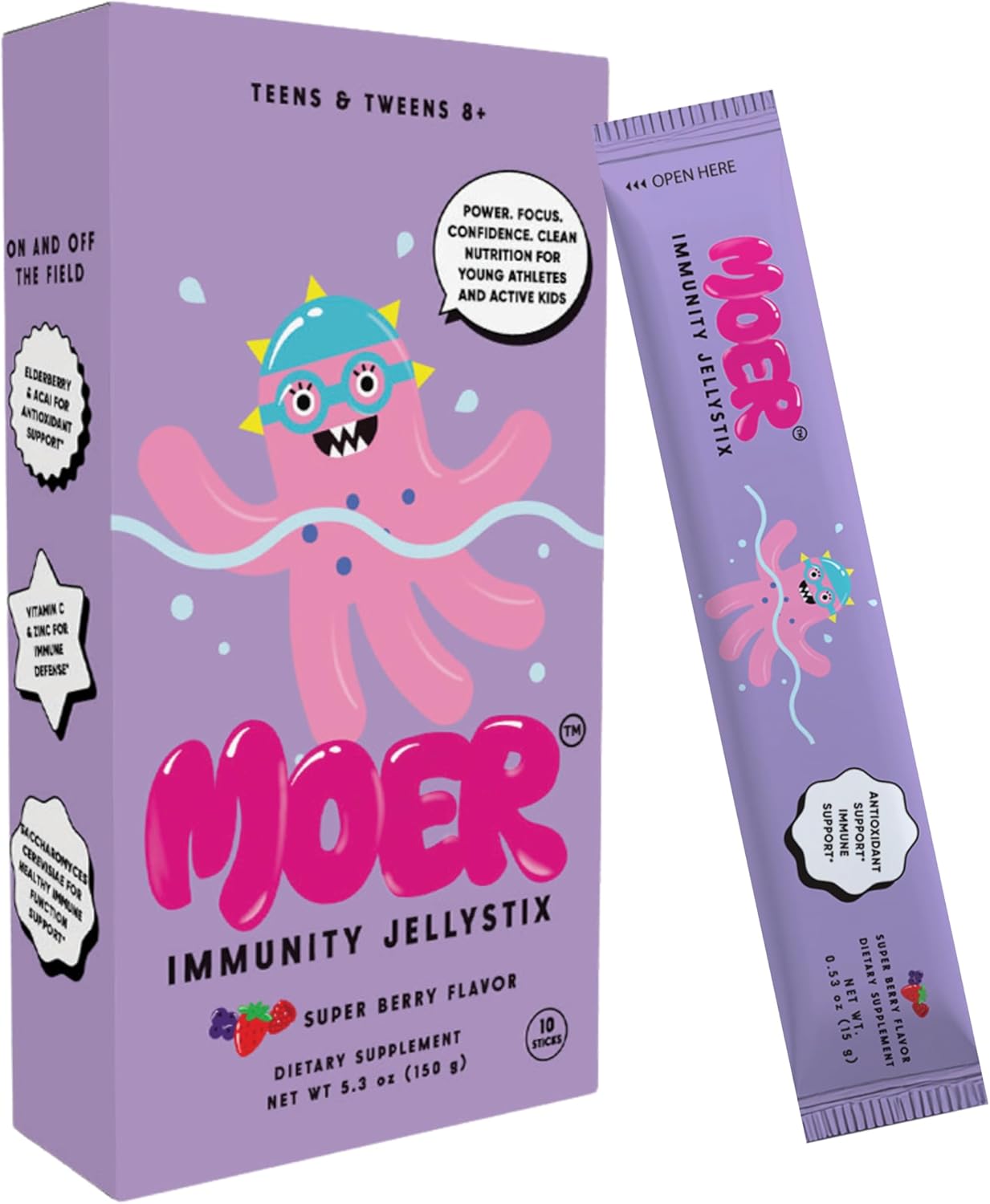 MOER Immunity JellyStix Kids 8+ Elderberry + Acai Antioxidant Support VIT C + Zinc Immune Support Saccharomyces Cerevisiae Healthy Immune Function No Caffeine Gluten-Free Mixed Berry Flavor 10 Sticks