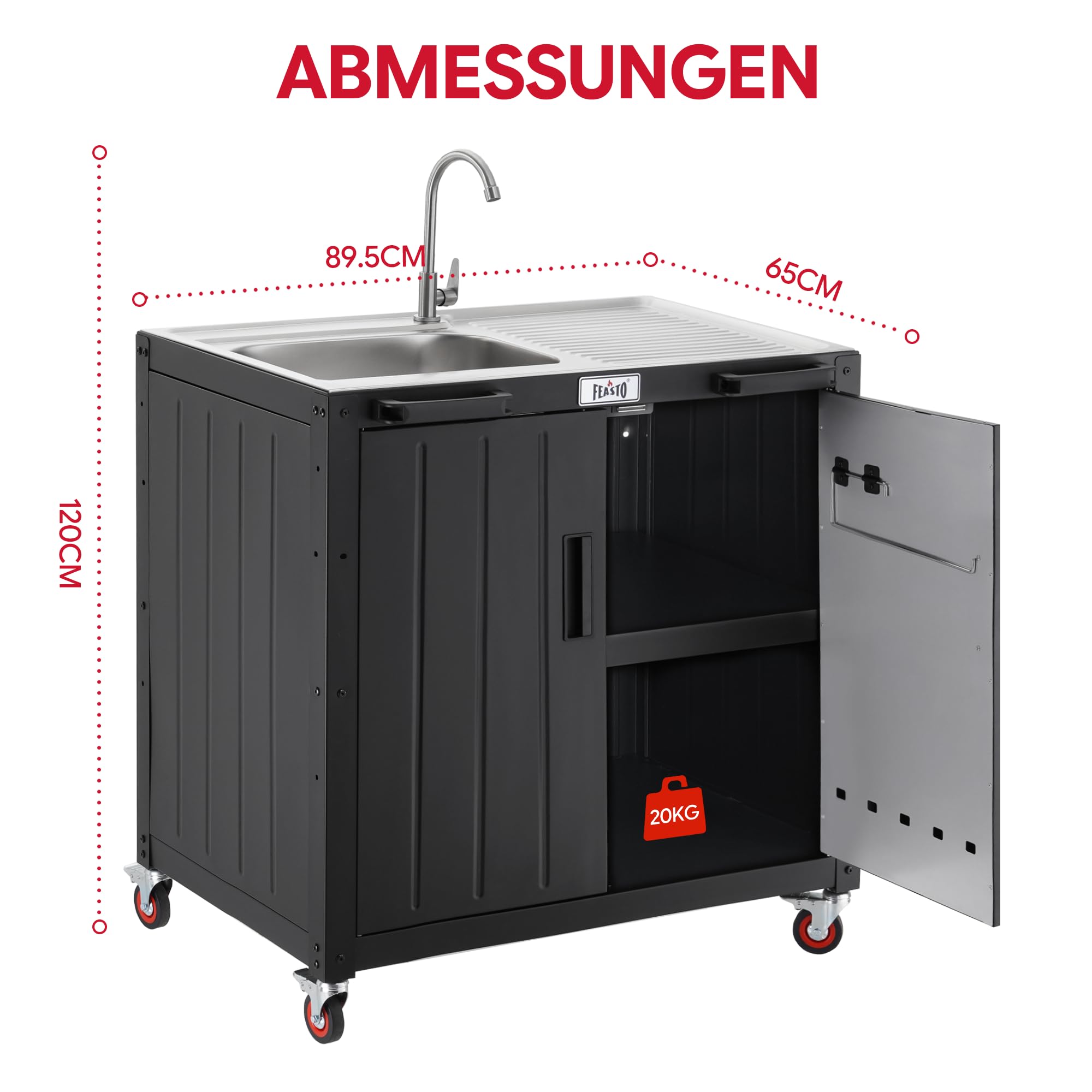 Outdoor Küche Spüle mit unterschrank Ausgussbecken Spülbecken | 89,5x65x120 cm Outdoor Grillwagen mit freistehendem Spülbecken, Schrank, Edelstahlplatte, für Außenküche, Gastro, Garage