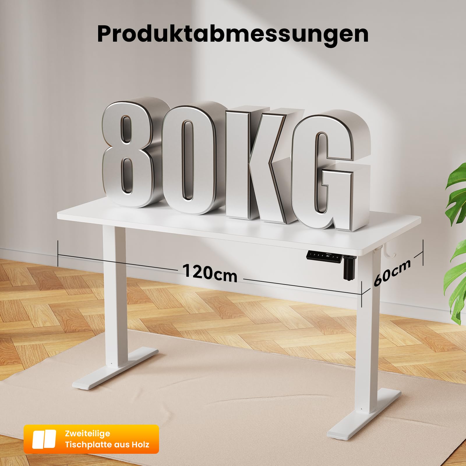 WALKINGDESK Höhenverstellbarer Schreibtisch 120 x 60 cm, Weiß | Elektrischer Stehschreibtisch, 4 Speicherpositionen, Zweiteilige Tischplatte, Computertisch mit 2 Haken für Homeoffice
