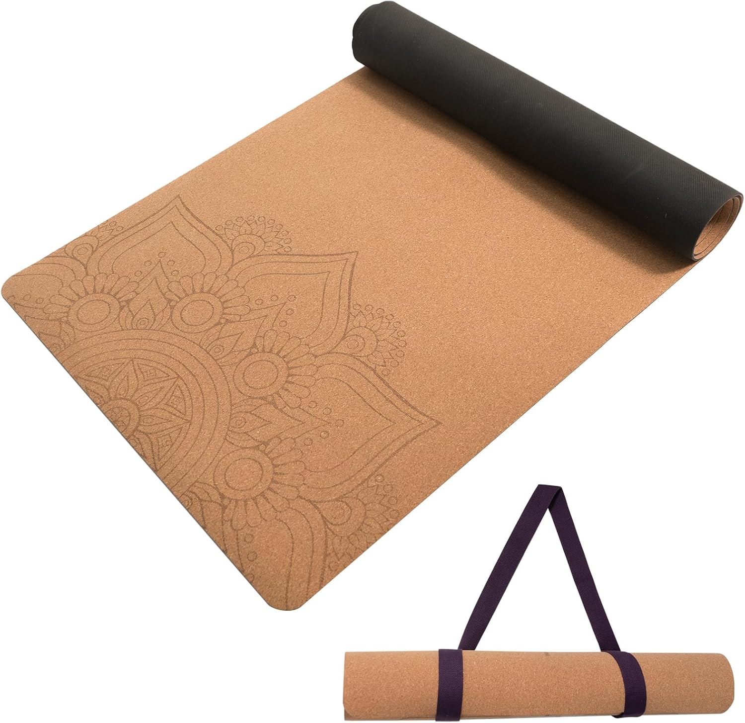 U&M Cork Yoga Mat Non-Slip, Resists Sweat and Odors Exercise Mat with Carrying Strap for Hot Yoga, Pilates, Floor & Fitness Workouts, Fitness Mats Non-Slip Natural Rubber Base & Cork Mat (72'' x 26'' x 5mm Thick)