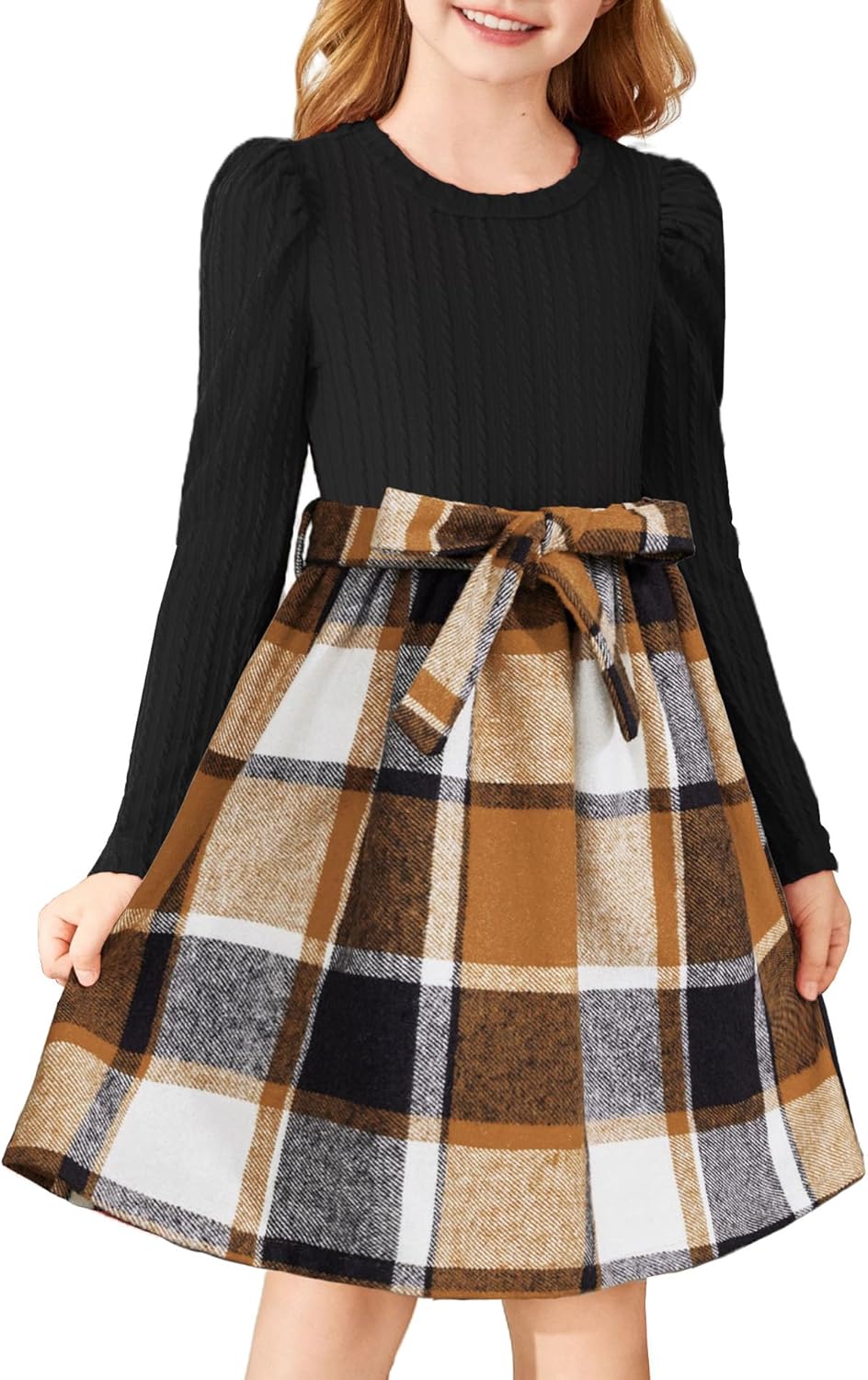 Arshiner Girls Dresses Puff Long Sleeve Rib Knit Plaid Patchwork Belted Holiday Dress with Pockets