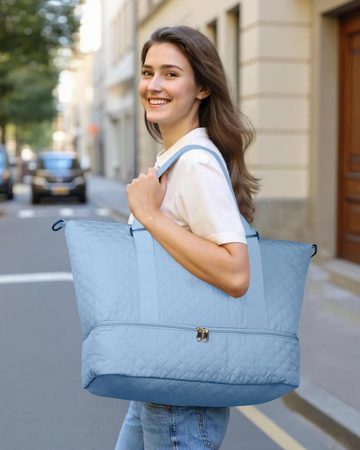 HOTOR Travel Duffel Bag - Weekender Bags for Women, Gym Tote Bags with Shoe Compartment, Carry On Overnight Bag with Toiletry Bag for Travel Essentials and Travel Accessories, Blue, 15.8"×18.1"×8.7" - Image 2