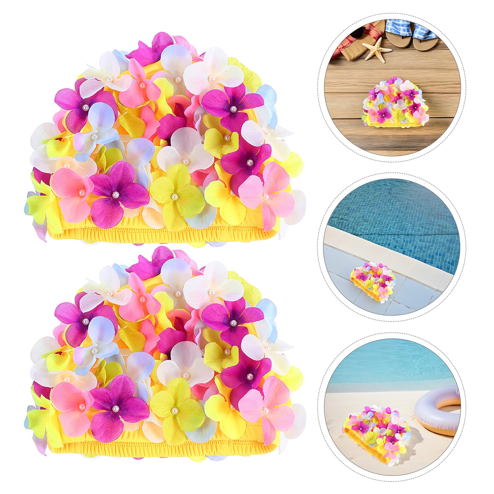 Housoutil 3 Pezzi Cuffia da Nuoto Donna con Design a Petalo Floreale in Chinlon, Leggera con Riduzione della Resistenza All'acqua, per Piscina e Protezione Chioma