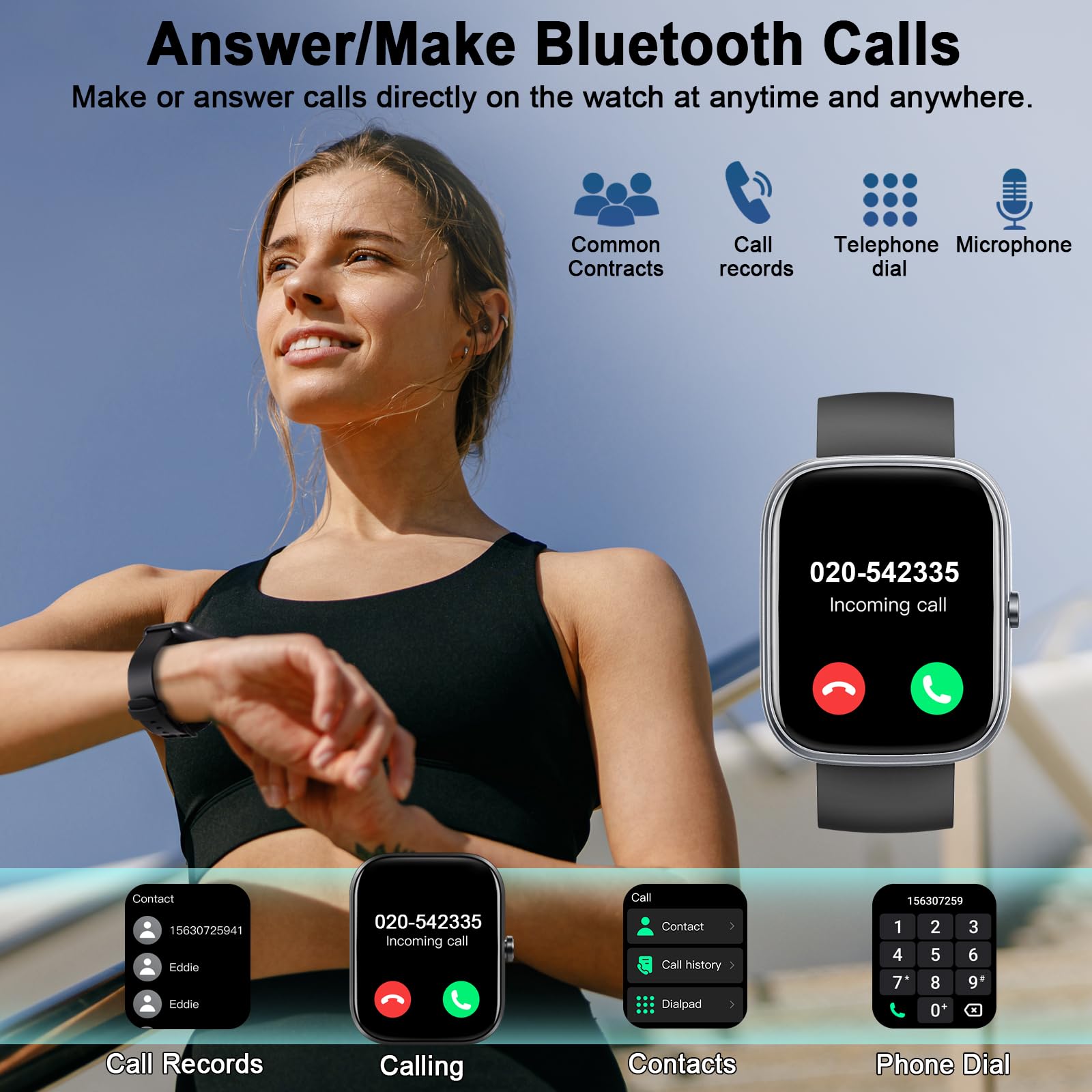 Smartwatch Herren, 1.91"HD Smart Watch Damen Schlafmonitor Schrittzähler Herzfrequenz Fitness Tracker, Fitnessuhr Bluetooth Anrufe, 110+Sportmodi Sport Uhr, IP68 Wasserdicht Watch iOS Android Schwarz