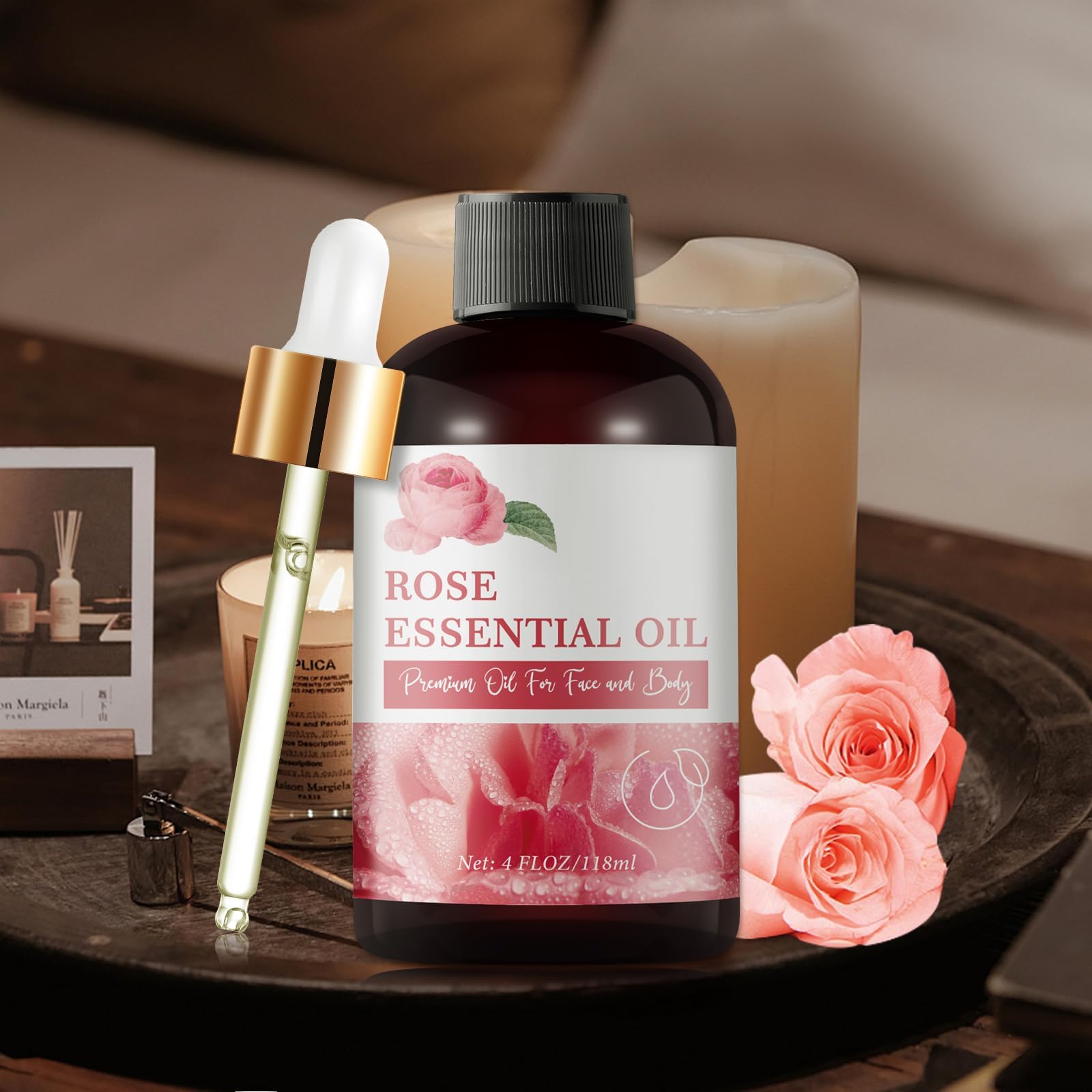 Rose Essential Oil for Face 4OZ Organic Cold Press Essential Oils for Aroma Diffusers Steamer Home Rooms Natural Rosa Scented Fragrance Oils for Soap Making Candles Face Body Skin Massage Oil