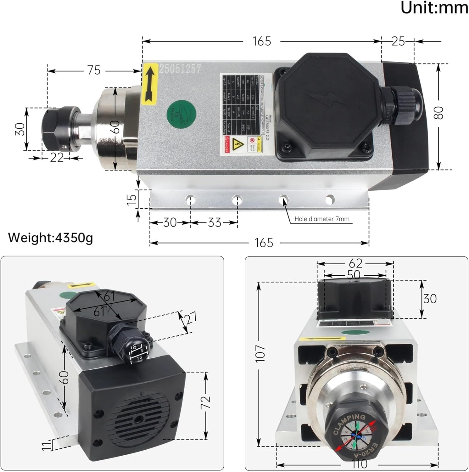 Air Cooling Cooled Spindle Motor Kit, 2.2KW ER20 110V/220V(110V Kit)