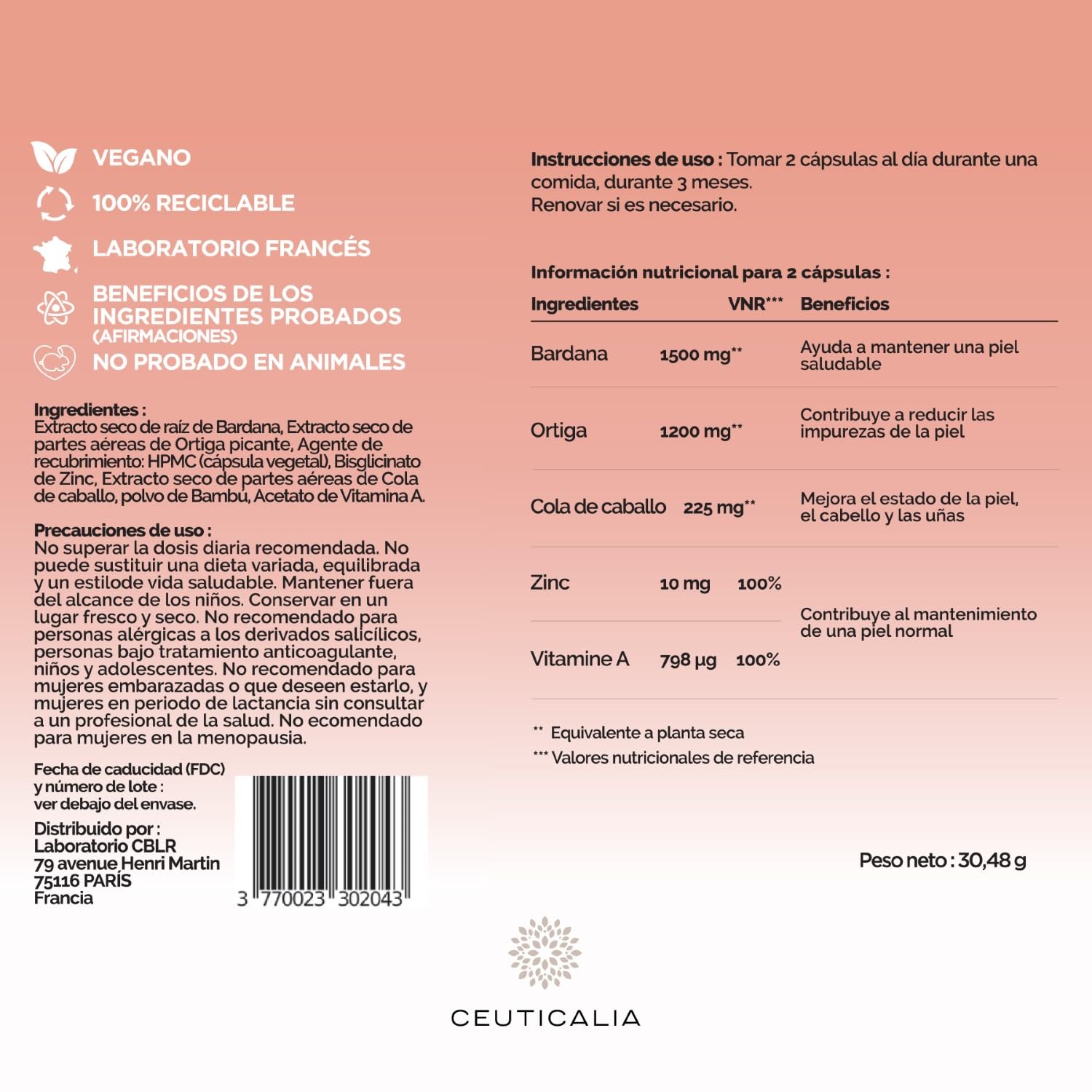 Suplemento para la Cara y la Piel - Anti Puntos Negros, Acné, Piel Grasa y Seca, Granos, Manchas - Hombres, Mujeres - Zinc, Vitamina A, Ortiga, Bardana, Cola de Caballo - 180 Cápsulas, 90 Días