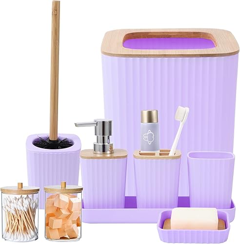 Juego de accesorios de baño morados, juego de baño morado claro con bandeja, soporte para cepillos de dientes, taza para cepillo de dientes,