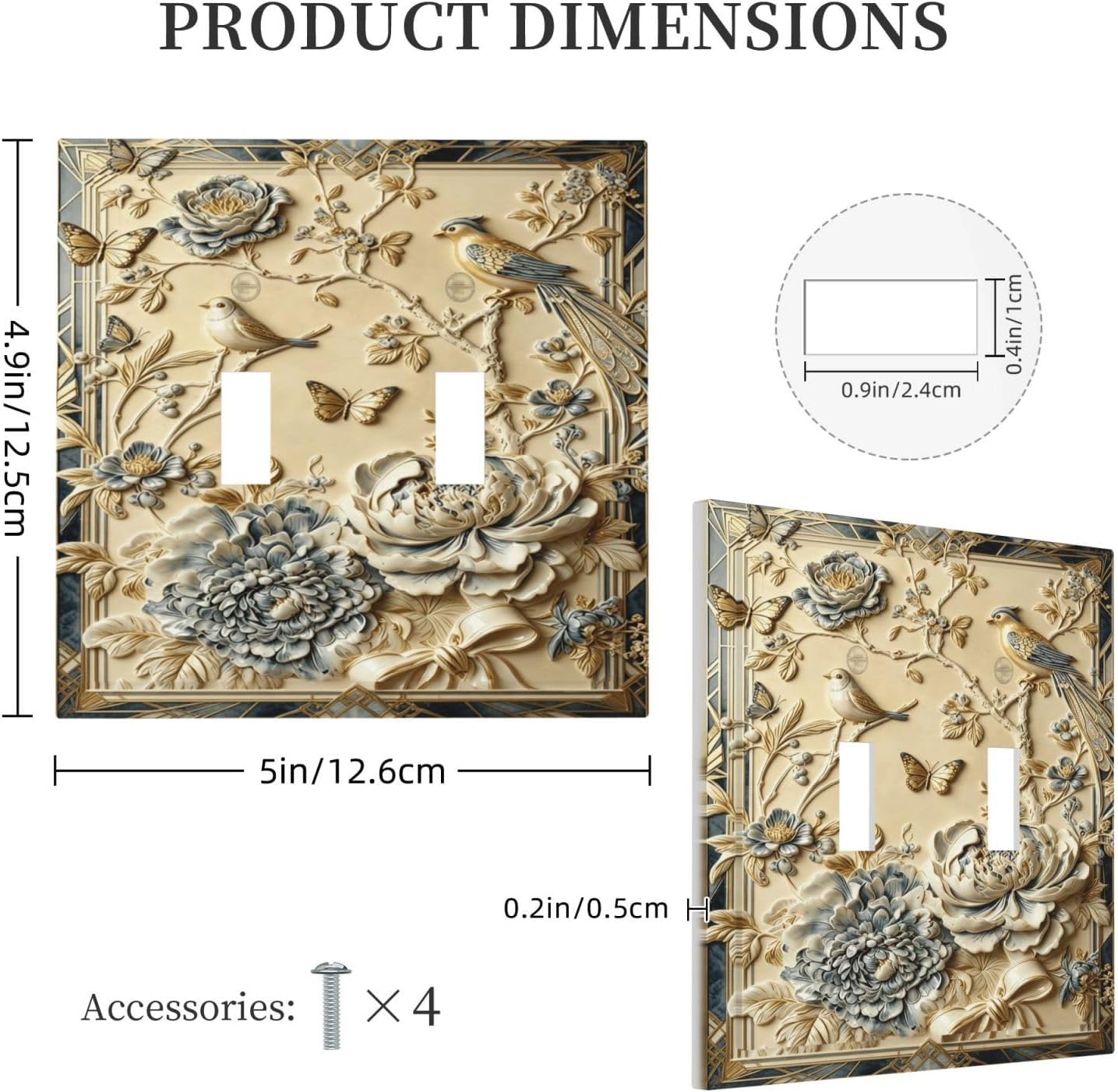 Vintage Blue Peony & Gold Bird Double Toggle Light Switch Covers Decorative 2 Gang Wall Plate Cover Dual Device Electrical Switch Plate Covers Dimmer Faceplate for Bathroom Decor