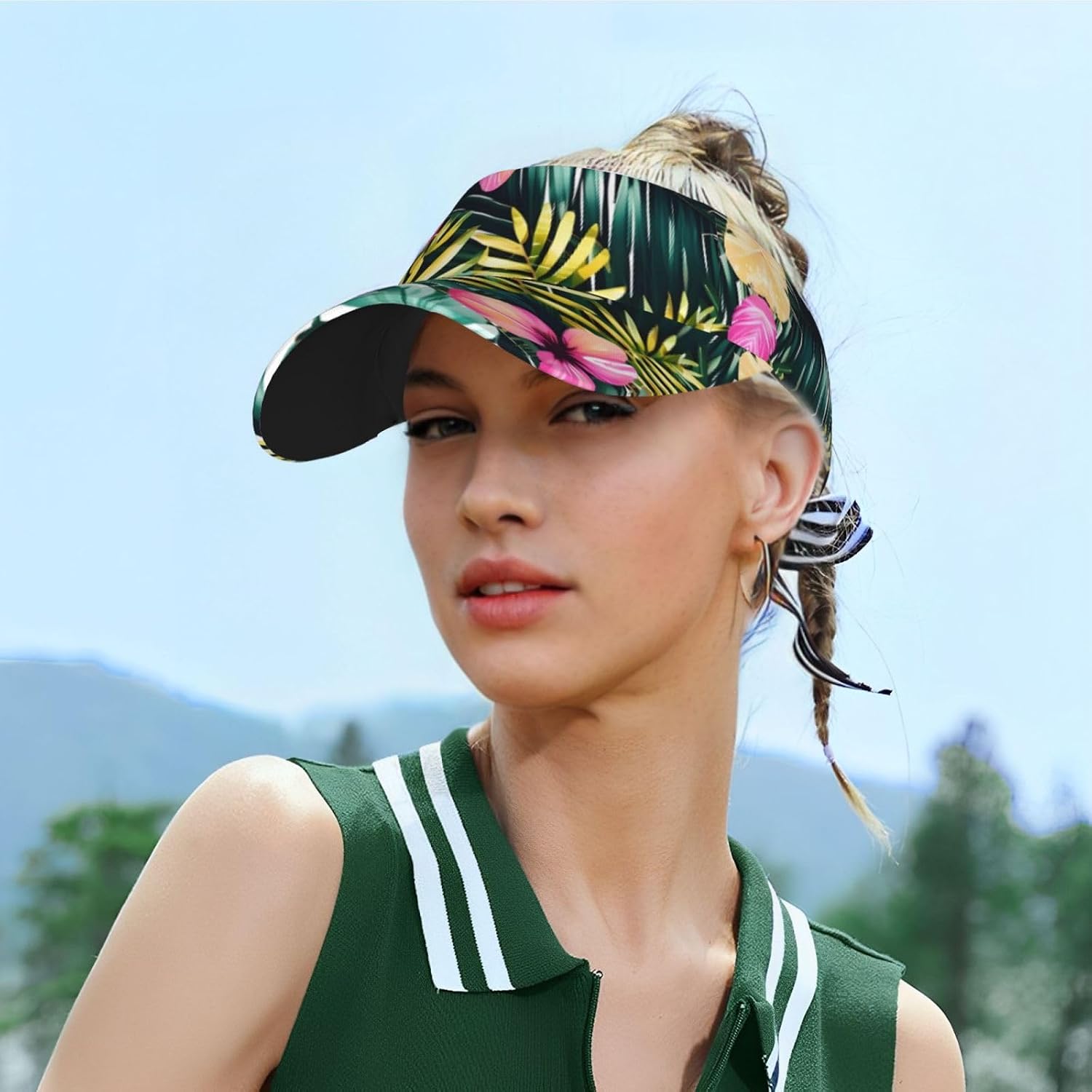 Tropical Summer Hawaiian Flower Palm Leaves Print Sports Sun Visor Men Women Lightweight Cooling Stretchy Visor Hat for Running, Tennis, Golf Black