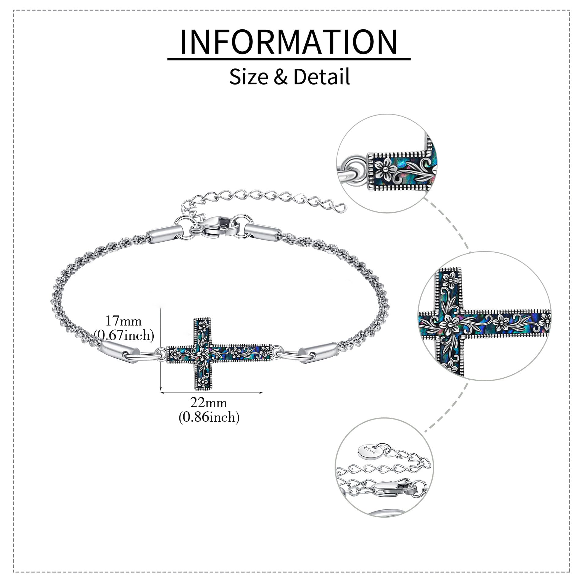 URONE Kreuzarmband 925 Sterlingsilber Kreuz-Blumen-Anhänger Armband Christlicher Religiöser Vintage Schmuck Geschenke für Damen