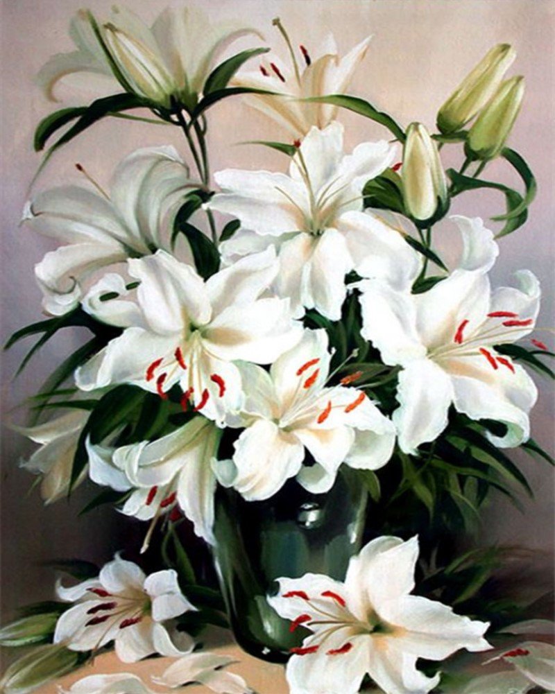 Wowdecor White Paint By Numbers Kits For Adults Kids, Number Painting - Lily Flowers 16X20 Inch (Frameless)